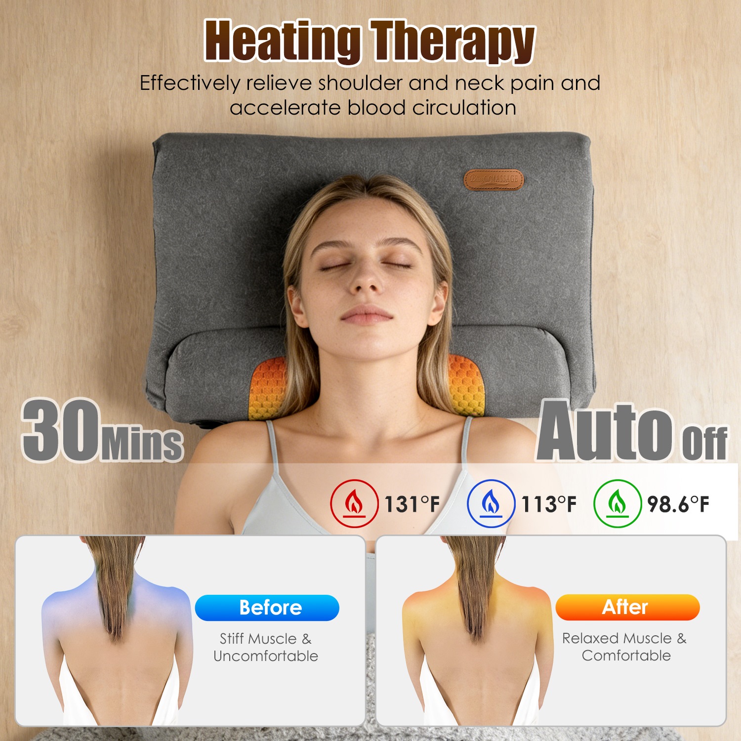 Neck Massager Pillow Ergonomic Massager Memory Foam Pillow with 3-Level Heating 3-Intensity Vibration 30Min Timer for Neck Back Shoulder Pain Relief - Image 9