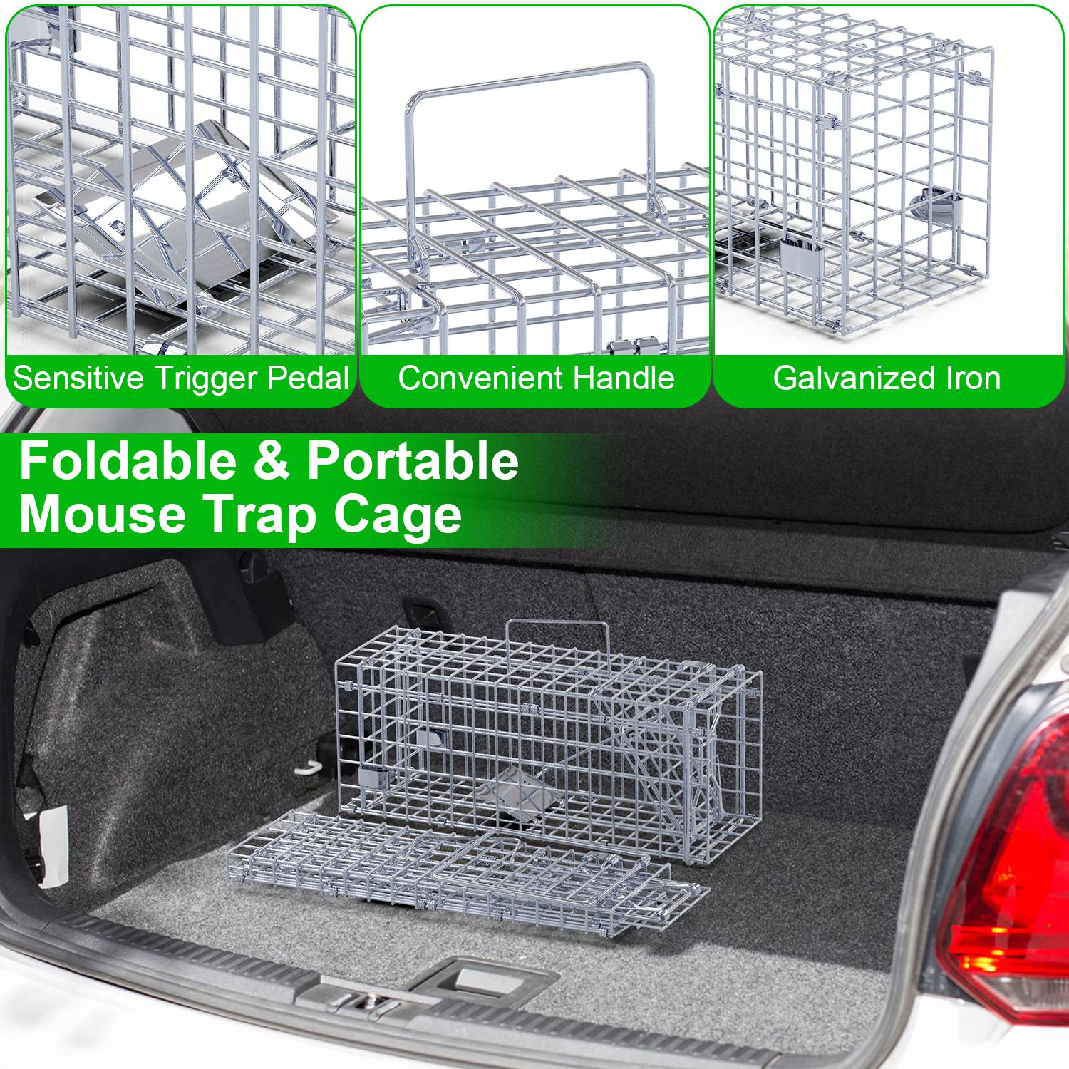 2Pcs Foldable Rat Trap Cage Humane Live Rodent Trap Cage Galvanized Iron Mice Mouse Control Bait Catch with Detachable L Shaped Rod For Kitchen Garden - Image 8