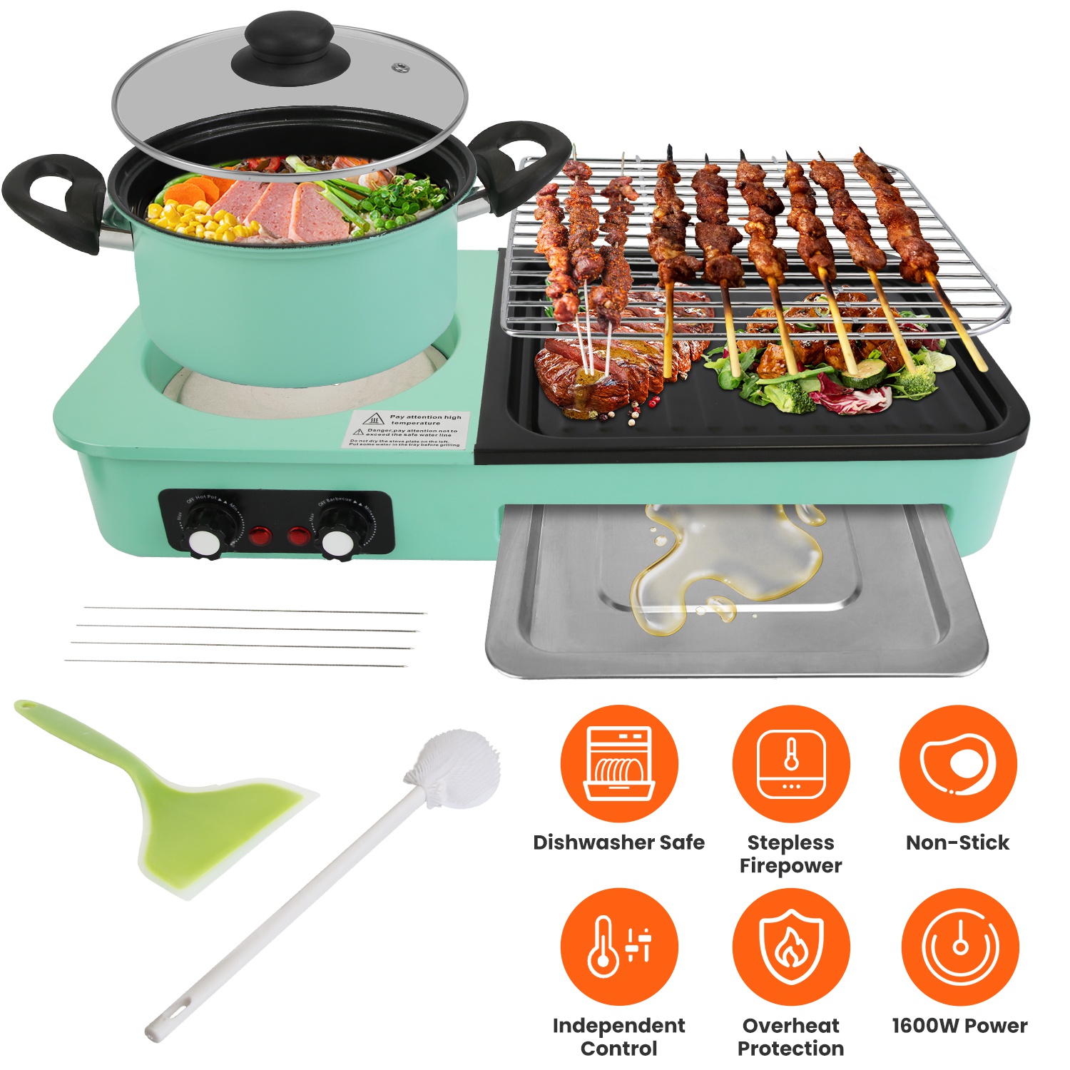 3 in 1 Electric Hot Pot with Grill 1600W Smokeless Non-Stick Korean BBQ Grill Shabu Shabu Hot Pot Combo with Independent Temperature Control for 3-5 P - Image 4