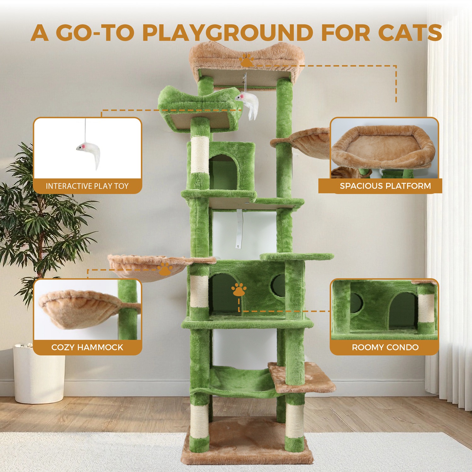 68in Multi-Level Cat Tree Tower with Hammocks, Cat Condo, Hanging Basket, Removable Cushions & Sisal Scratching Posts, Plush Cat Activity Center for I - Image 7