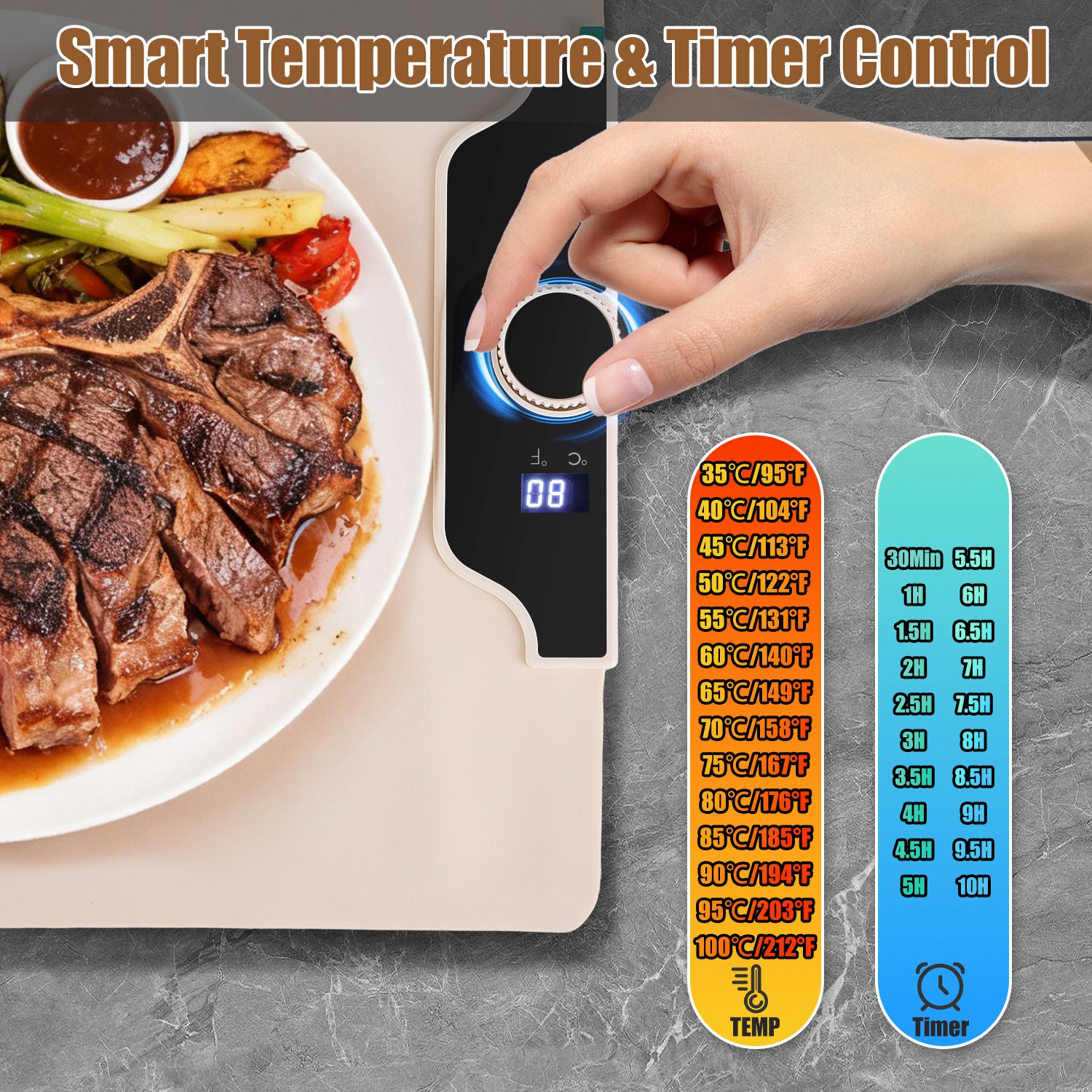 Food Warming Mat 23.6X15.8In 300W Fast Heating Electric Silicone Food Warmer With 14 Temp Levels 10Hrs Timer Settings Roll-Up Portable Hot Plates Heat - Image 8
