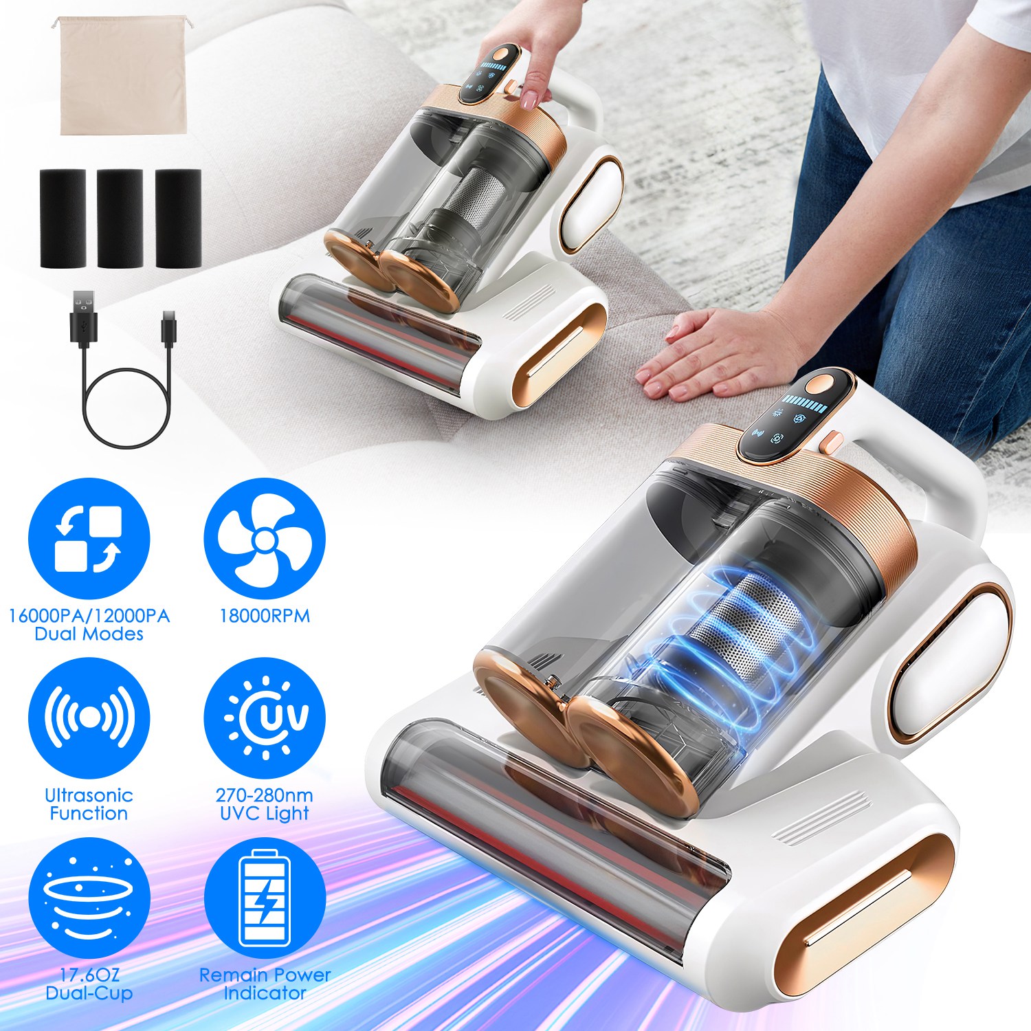 Mattress Vacuum Cleaner 16Kpa Bed Vacuum Cleaner Handheld Vacuums with Ultrasonic & UVC Light 18000 RPM Brushroll Rotation Dual Dust Bins Washable Fil - Image 7