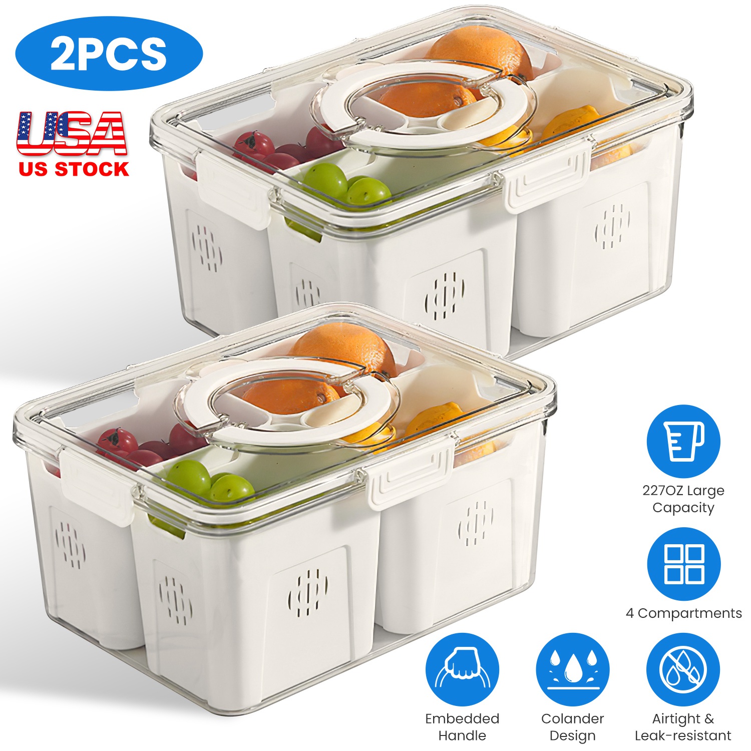2Pack Airtight Fruit Storage Containers 4-Compartment Food Storage Containers Fruit Vegetable Organizers with 8 Removable Colanders for Fridge Picnic - Image 6
