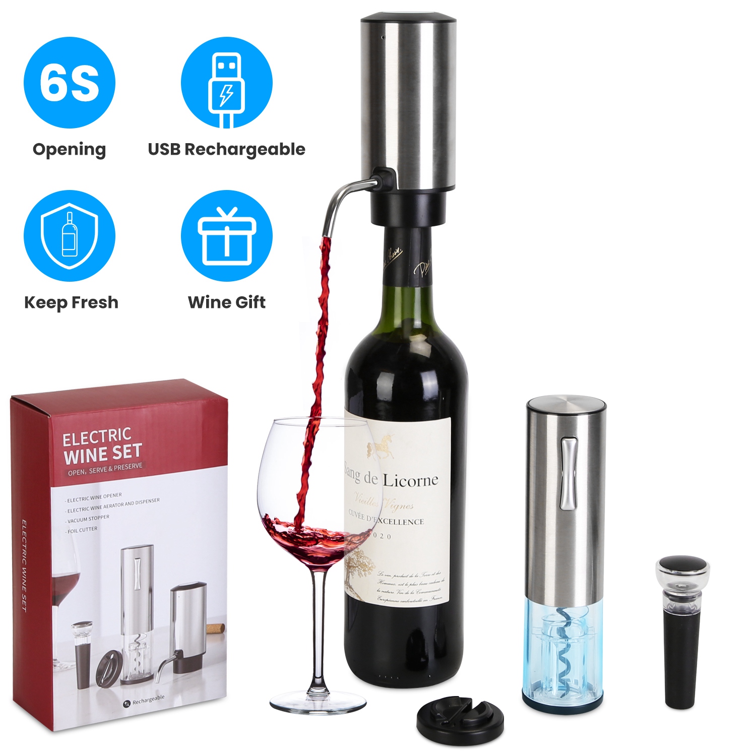 4 In 1 Electric Wine Opener Set Rechargeable Wine Aerator Foil Cutter Vacuum Wine Stopper Wine Gifts for Men Women - Image 3