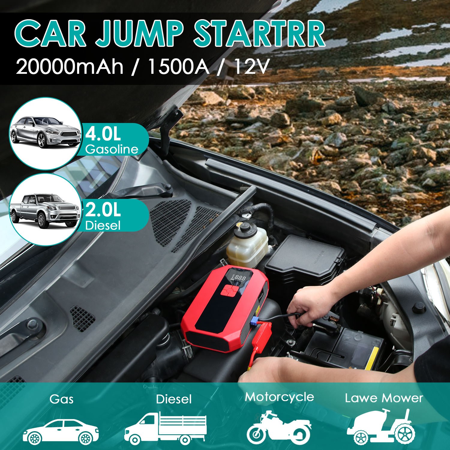Portable Car Jump Starter Air Compressor 1500A 400PSI Car Battery Charger Jump Starter Power Bank LED Flashlight Digital Tire Inflator for 4.0L Gasoli - Image 8