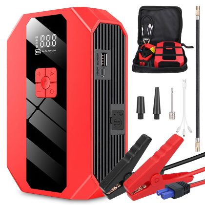 Portable Car Jump Starter Air Compressor 1500A 400PSI Car Battery Charger Jump Starter Power Bank LED Flashlight Digital Tire Inflator for 4.0L Gasoli
