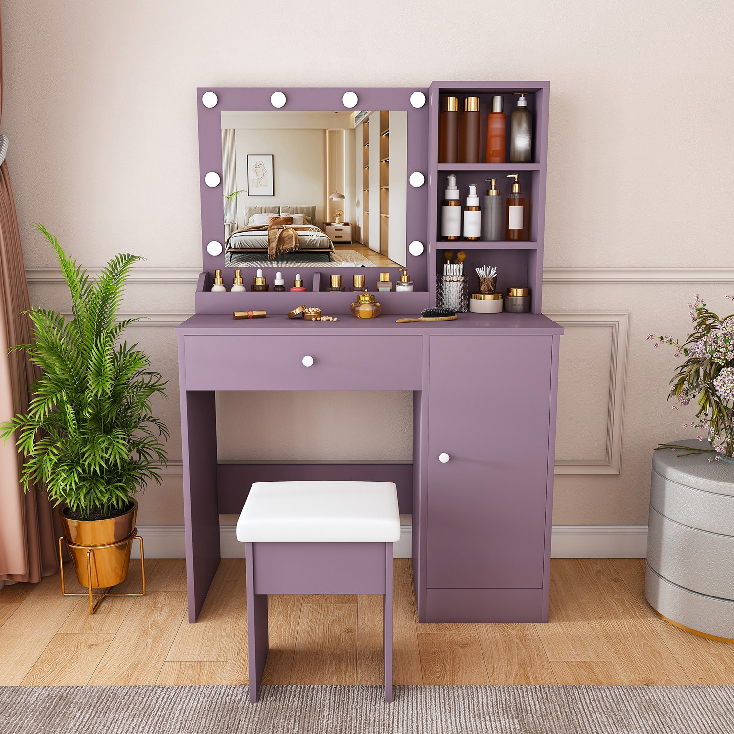 Purple Vanity Desk Set with Lighted Mirror & Padded Stool, Modern Makeup Vanity with 3 Color Modes & Round Bulbs, Bedroom Dressing Table Combo - Image 6