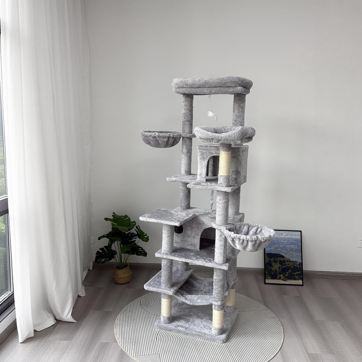 68in Multi-Level Cat Tree Tower with Hammocks, Cat Condo, Hanging Basket, Removable Cushions & Sisal Scratching Posts, Plush Cat Activity Center for I - Image 8