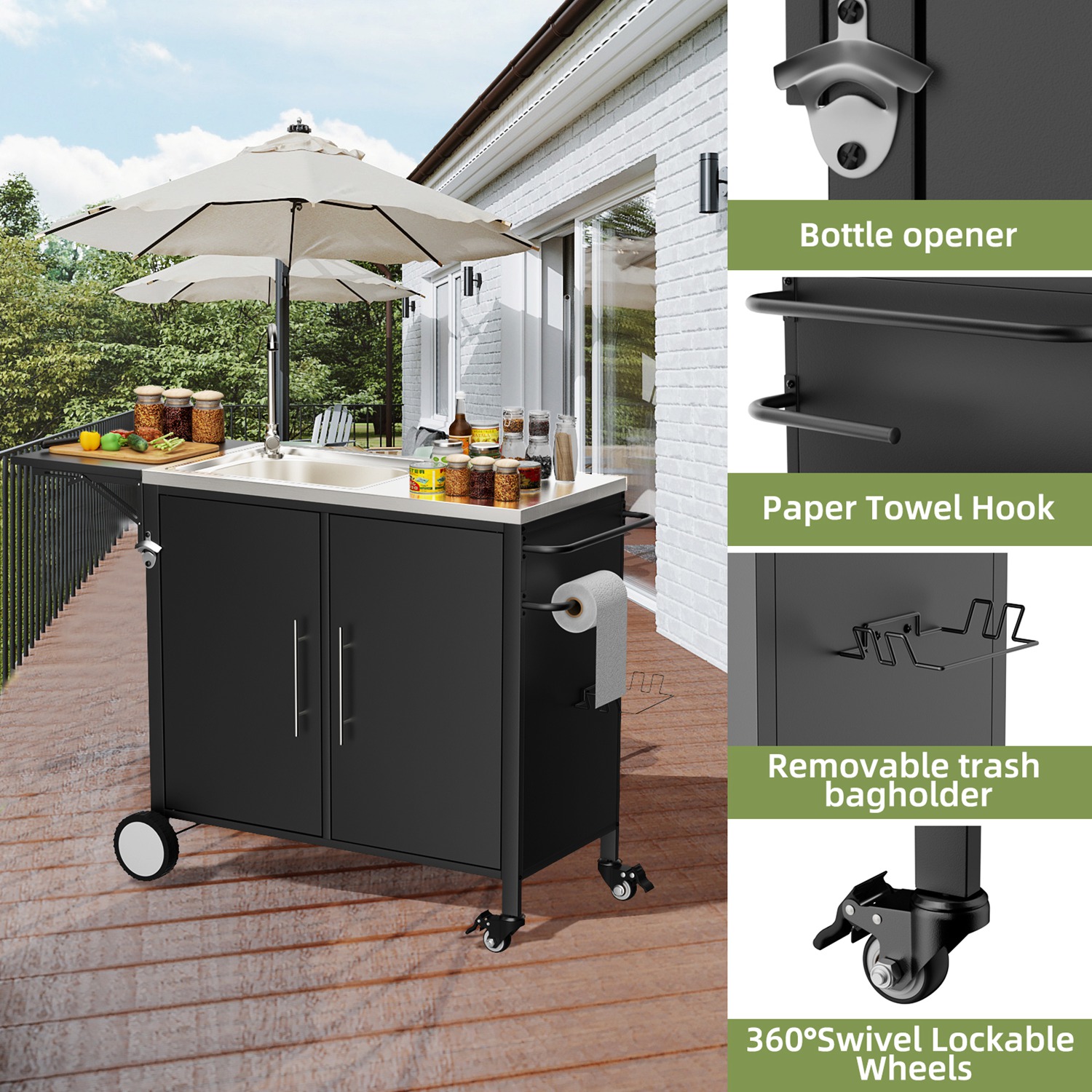 Outdoor Grill Cart with Storage Outdoor Grill Table with Sink Wheels Fold-Down Side Table for Patio Backyard BBQ - Image 9