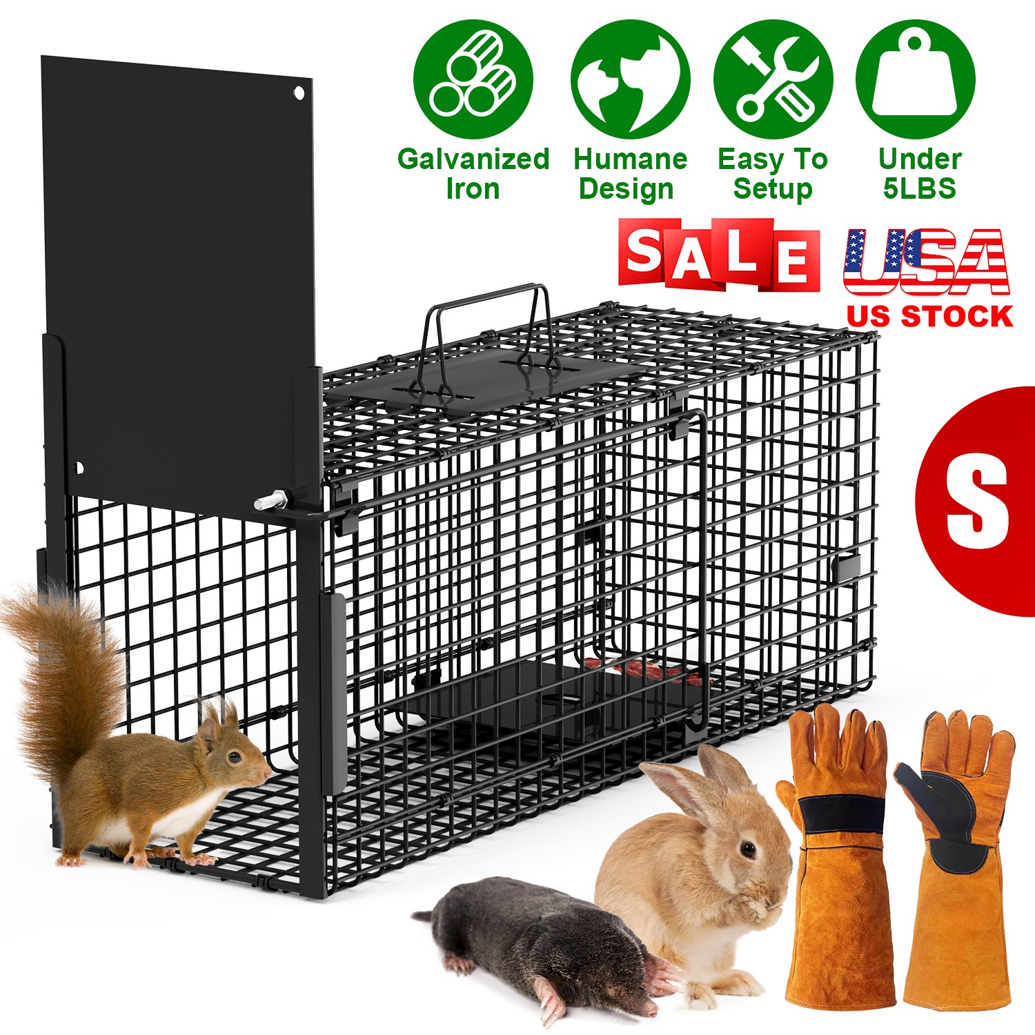 26in Single Door Live Animal Cage Trap For Animals Under 5LBS Easy To Setup Humane Galvanized Iron Trap Cage For Small Cats Rabbits Squirrels Moles Ch - Image 3