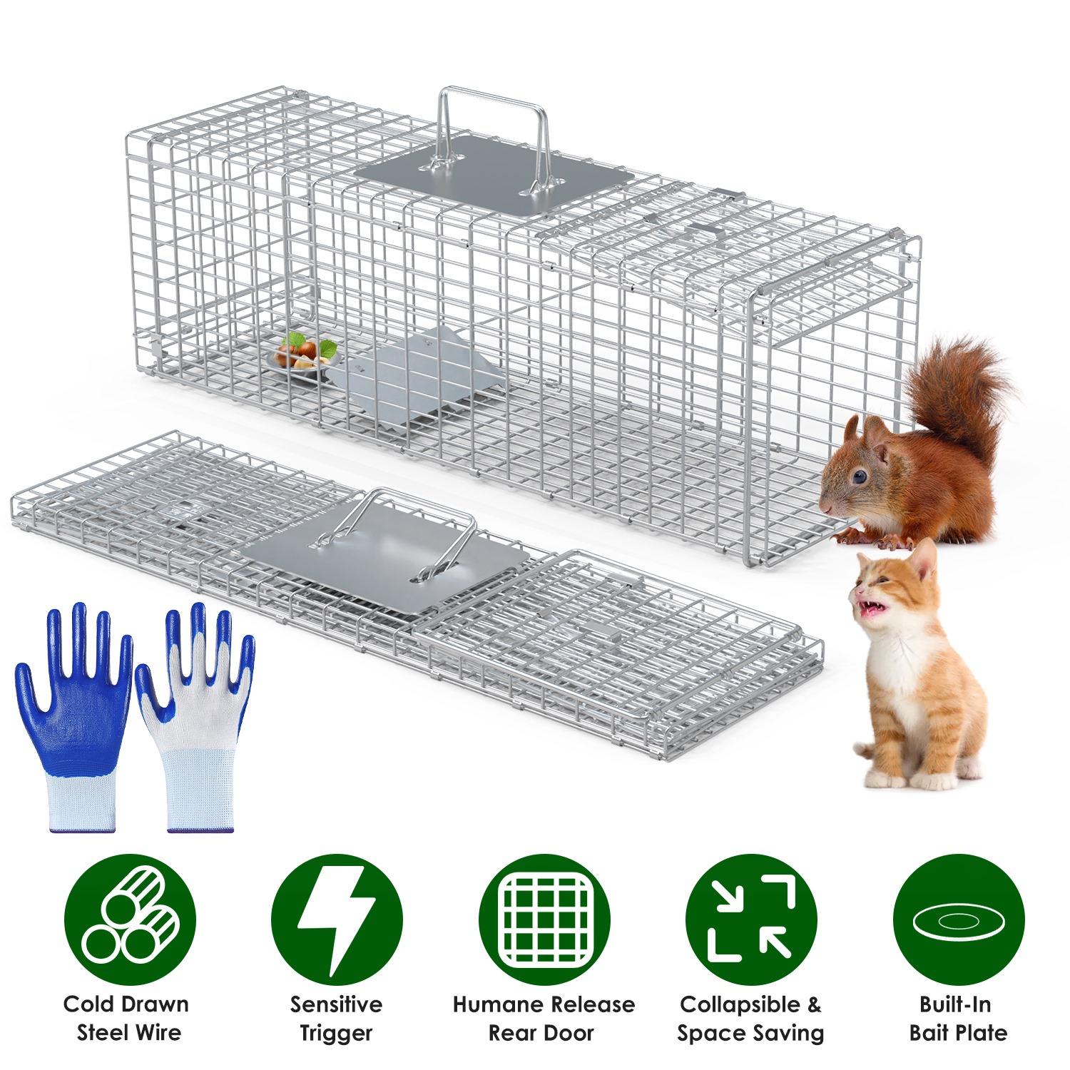 Live Animal Trap Cage 27x7.5x8in Folding Catch and Release Steel Humane Cat Trap for Racoons Stray Cats Rabbits Beavers Hedgehogs Chipmunk Small Anima - Image 6