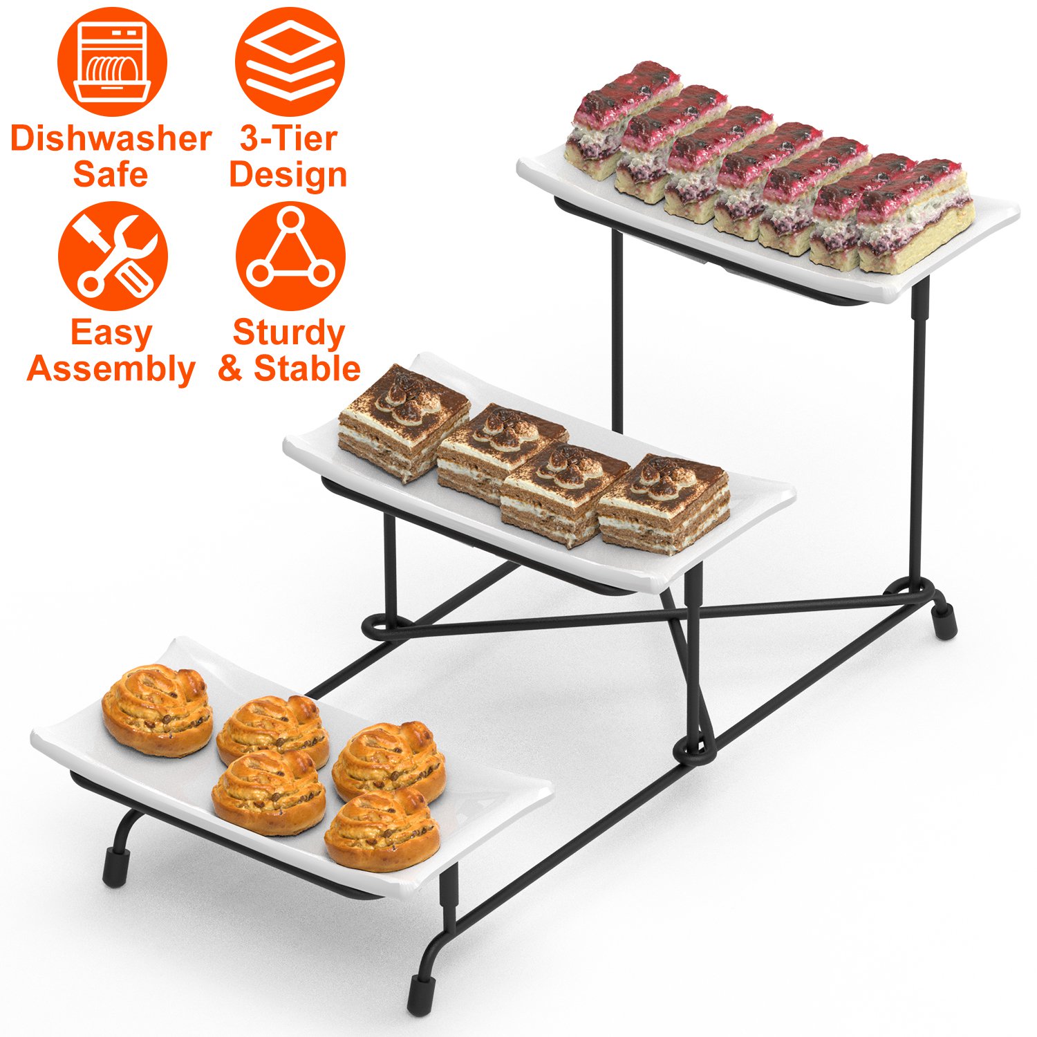 3-Tier Plastic Serving Tray Dessert Server Display Serving Stand Dinnerware with 3 Rectangular Plastic Serving Platters Metal Stand for Entertaining F - Image 2
