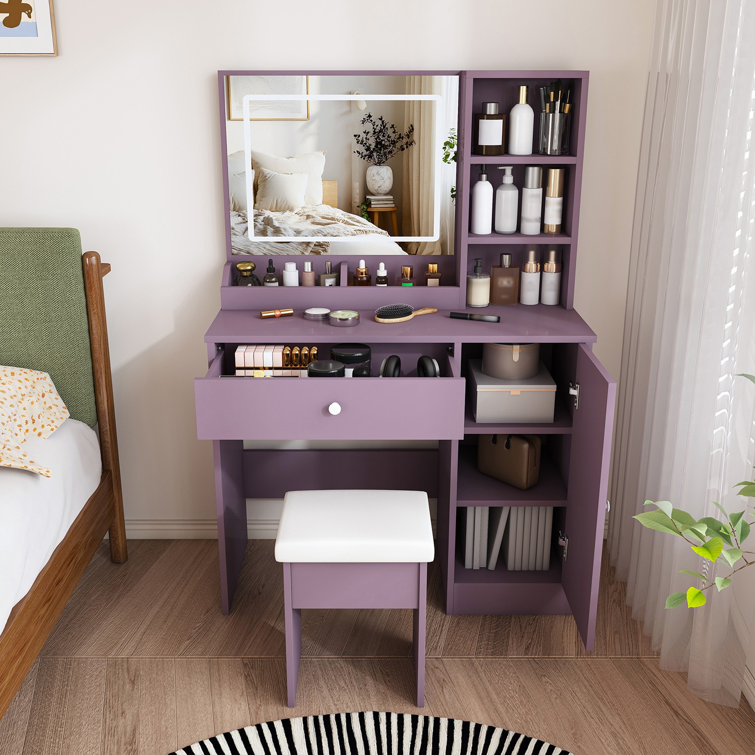 Purple Vanity Desk Set with LED Strip Lighted Mirror & Padded Stool, Modern Makeup Vanity with 3 Color Modes, Bedroom Dressing Table Combo - Image 7
