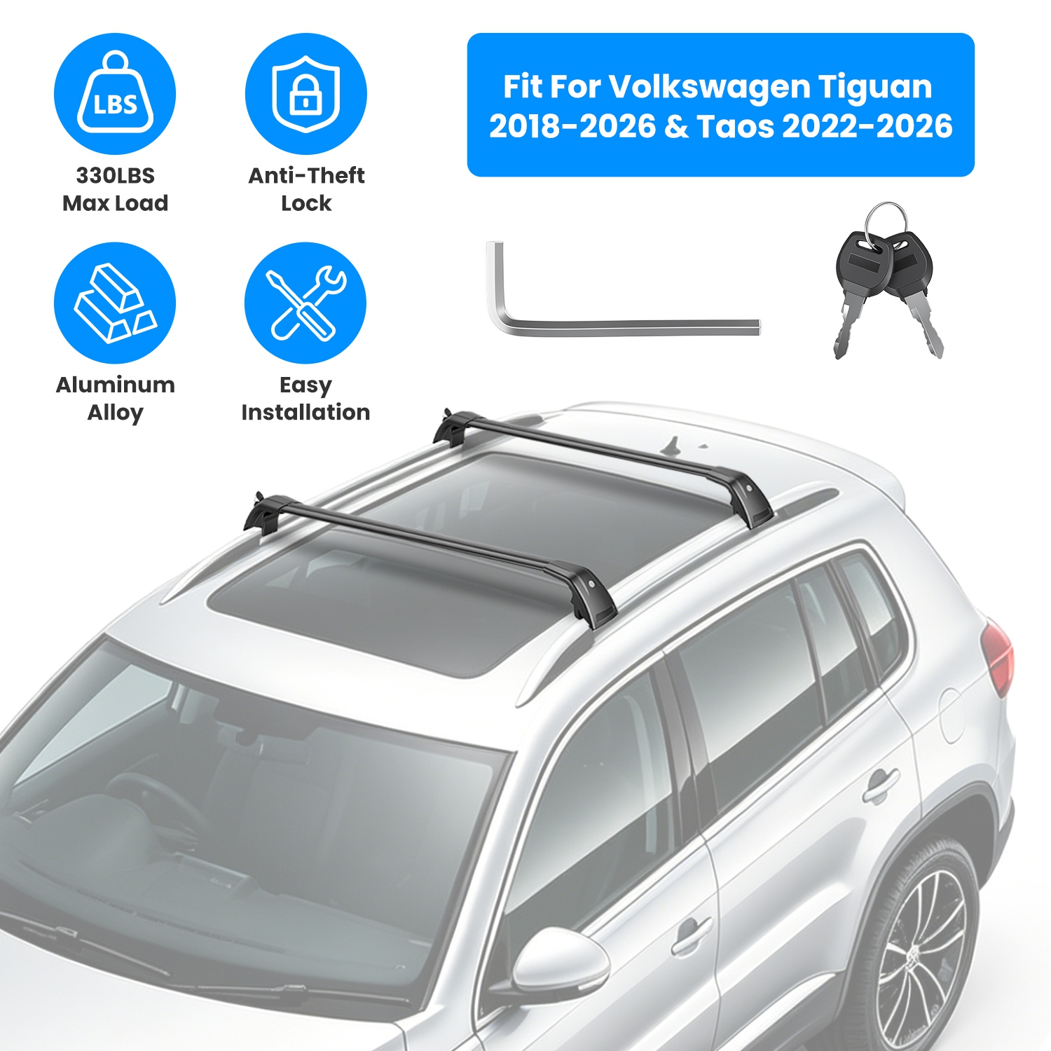 Roof Rack Cross Bars Fit for Volkswagen Tiguan 2018-2026 & Taos 2022-2026 with Factory Raised Side Rails Lockable Aluminum Roof Cargo Carrier Bars 330 - Image 5