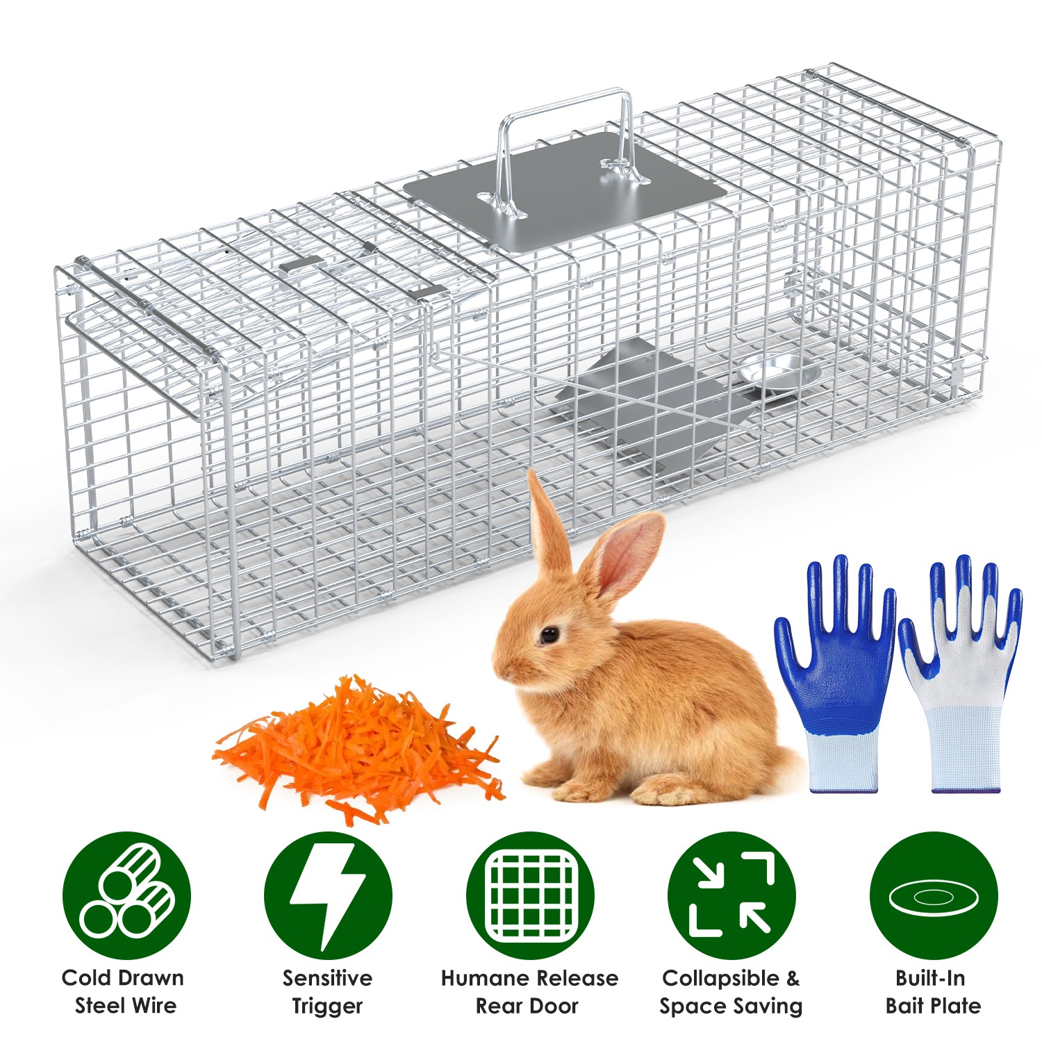 Live Animal Trap Cage 27x7.5x8in Folding Catch and Release Steel Humane Cat Trap for Racoons Stray Cats Rabbits Beavers Hedgehogs Chipmunk Small Anima - Image 4