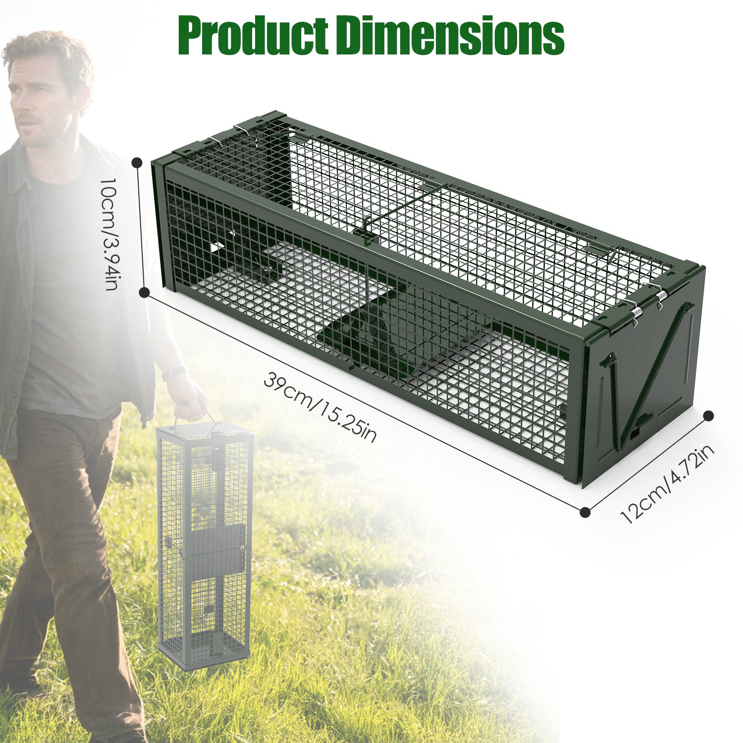 2Pack 15.35x4.72x3.94in 2-Door Humane Live Rat Trap Galvanized Iron Rodent Trap Cage Reusable for Home Garden Farm Warehouse - Image 10