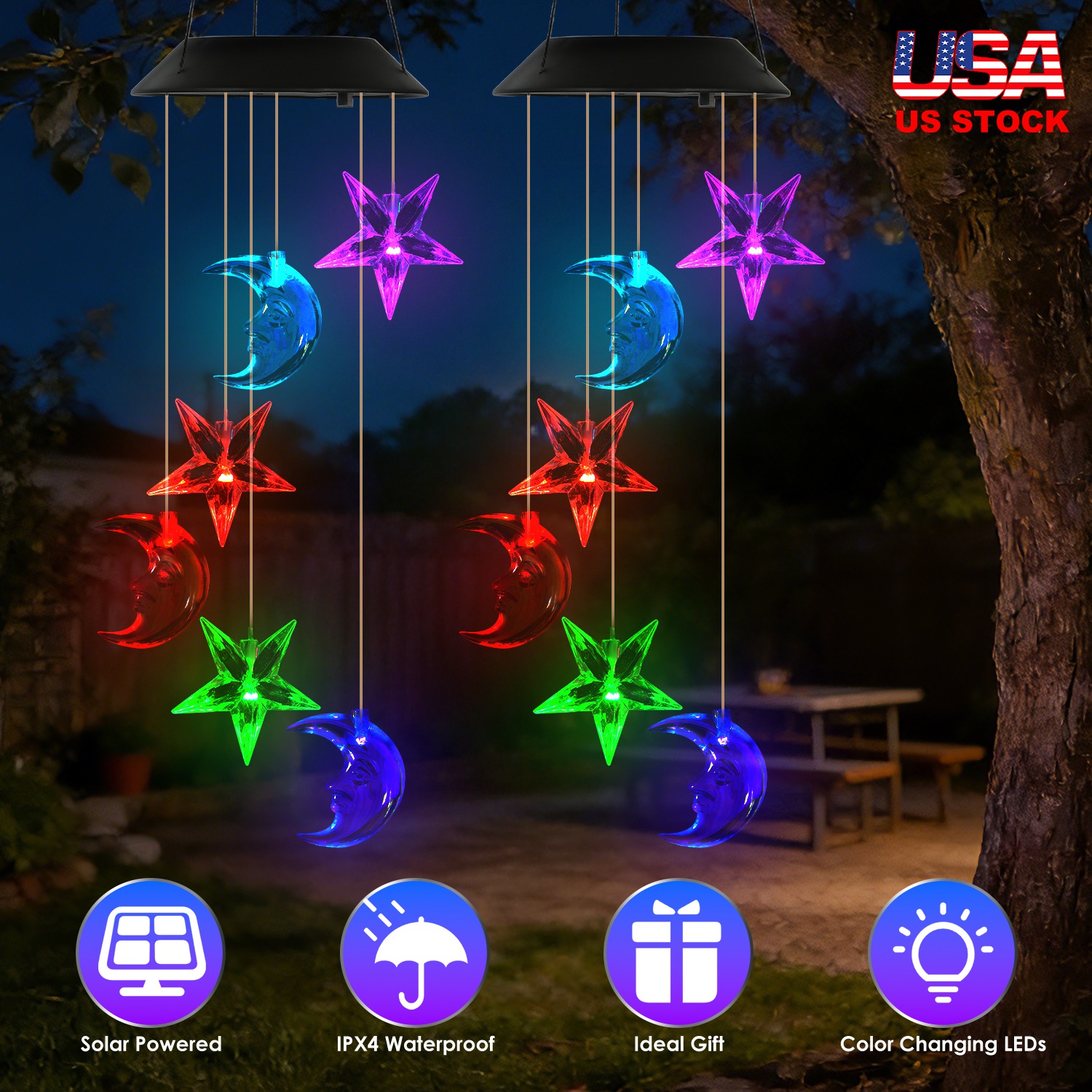 2Pack Solar Moon and Star Wind Chimes 7 Color Changing Wind Chimes for Outside IPX4 Waterproof Outdoor Garden Yard Decor - Image 5