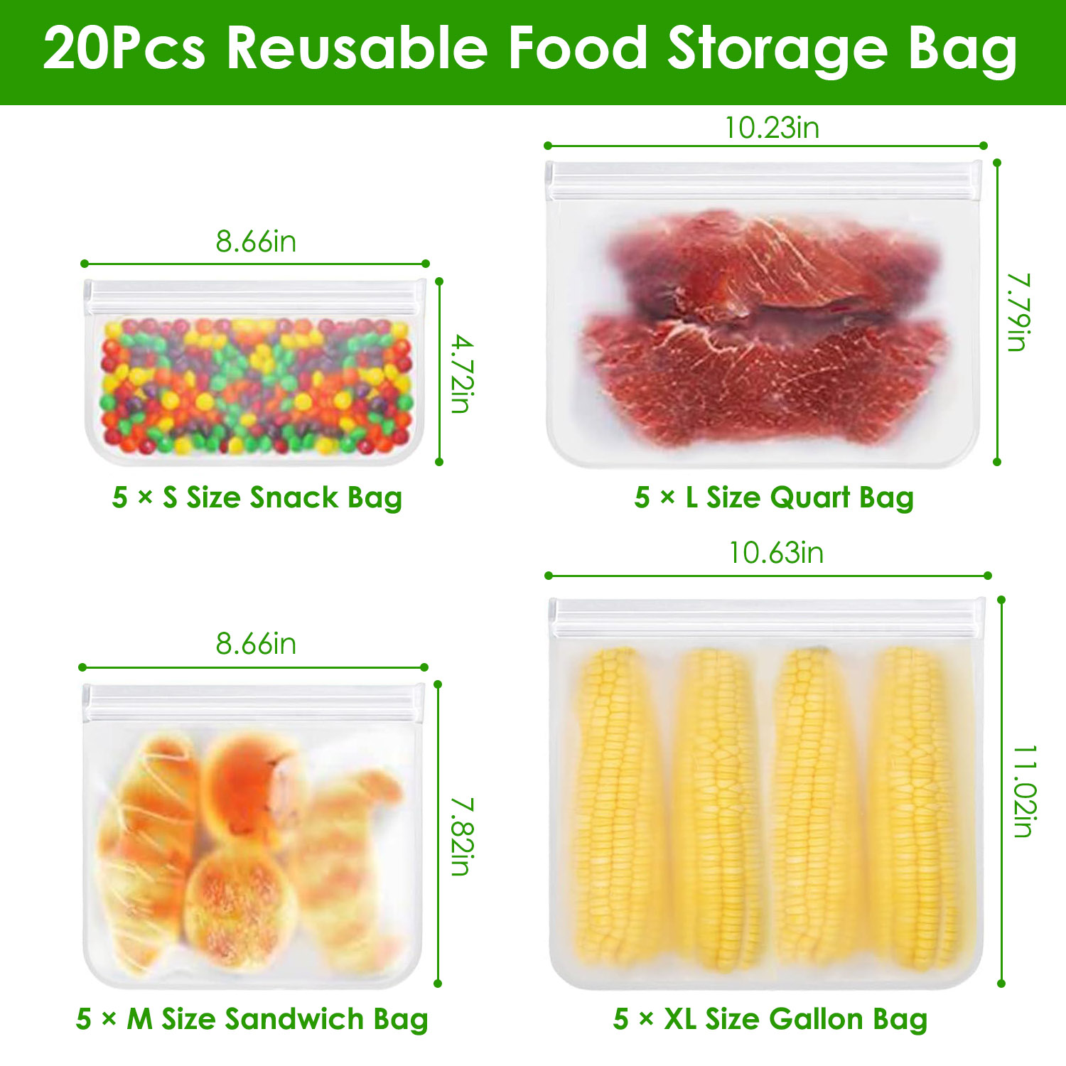 20Pcs Reusable Food Storage Bags 5 Sandwich Snack Gallon Quart Bag Leakproof BPA Free Food Container Freezer Safe Lunch Bag - Image 10