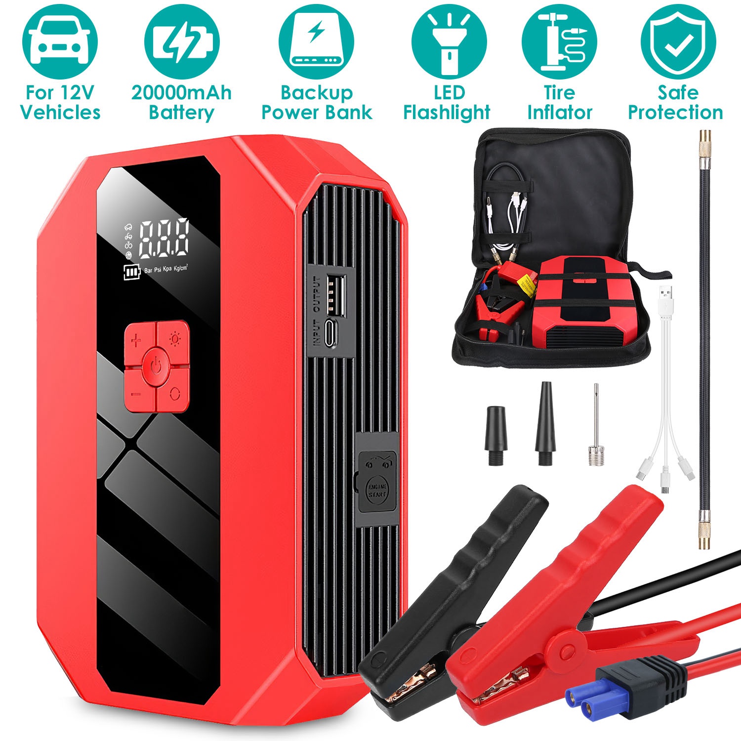 Portable Car Jump Starter Air Compressor 1500A 400PSI Car Battery Charger Jump Starter Power Bank LED Flashlight Digital Tire Inflator for 4.0L Gasoli - Image 2