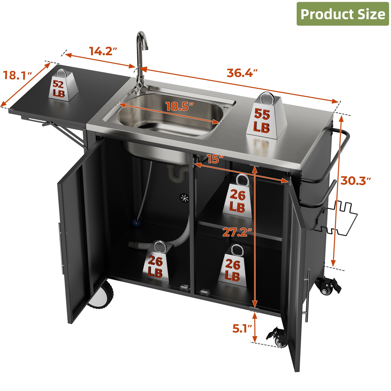 Outdoor Grill Cart with Storage Outdoor Grill Table with Sink Wheels Fold-Down Side Table for Patio Backyard BBQ - Image 7