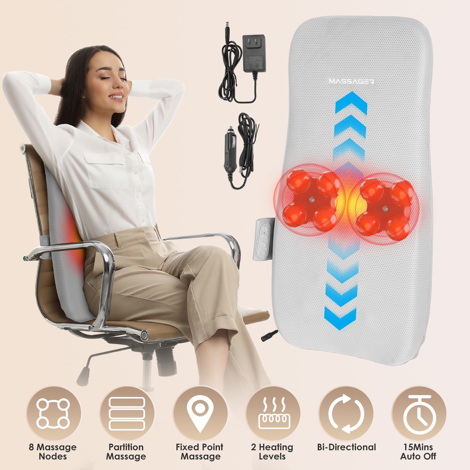 Full Back Massager With Rolling Kneading Nodes Soothing Heating 3D Deep Tissue Shiatsu Chair Massage Pad For Lumbar Upper Lower Back Gift For Women Me - Image 3