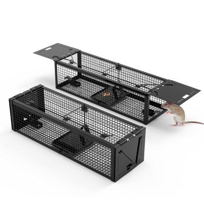 2Pack 15.35x4.72x3.94in 2-Door Humane Live Rat Trap Galvanized Iron Rodent Trap Cage Reusable for Home Garden Farm Warehouse