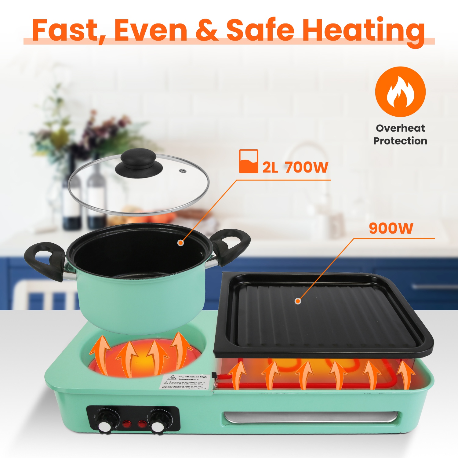 3 in 1 Electric Hot Pot with Grill 1600W Smokeless Non-Stick Korean BBQ Grill Shabu Shabu Hot Pot Combo with Independent Temperature Control for 3-5 P - Image 8