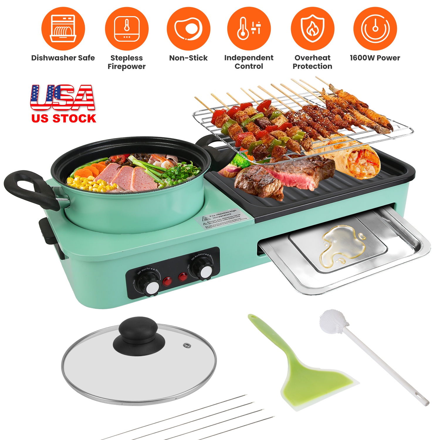 3 in 1 Electric Hot Pot with Grill 1600W Smokeless Non-Stick Korean BBQ Grill Shabu Shabu Hot Pot Combo with Independent Temperature Control for 3-5 P - Image 5
