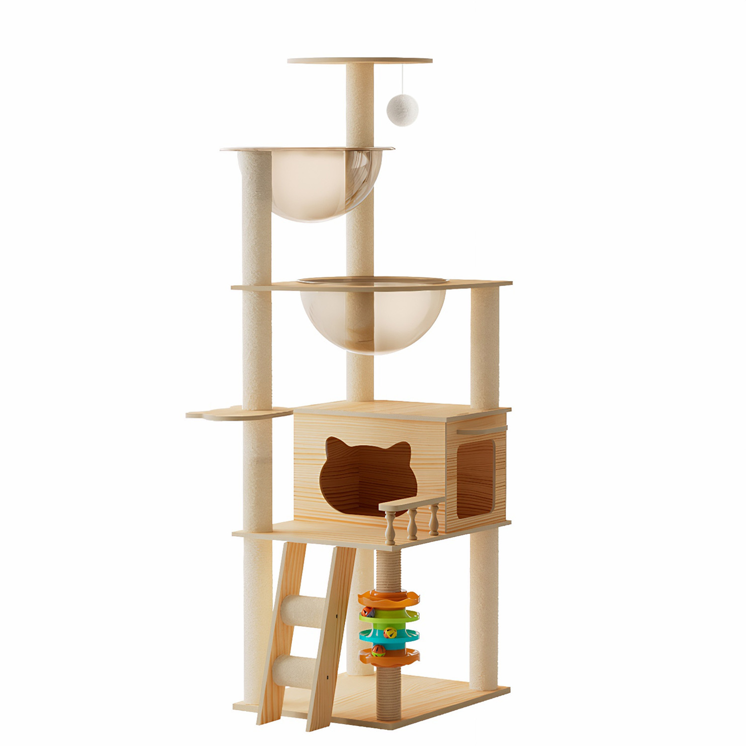 59" Modern Cat Tower for Indoor Cats Wooden Cat Tree with Dual Acrylic Capsules Cat Condo Sisal Scratching Posts Top Perch & Auxiliary Stairs Multi-Le - Image 3