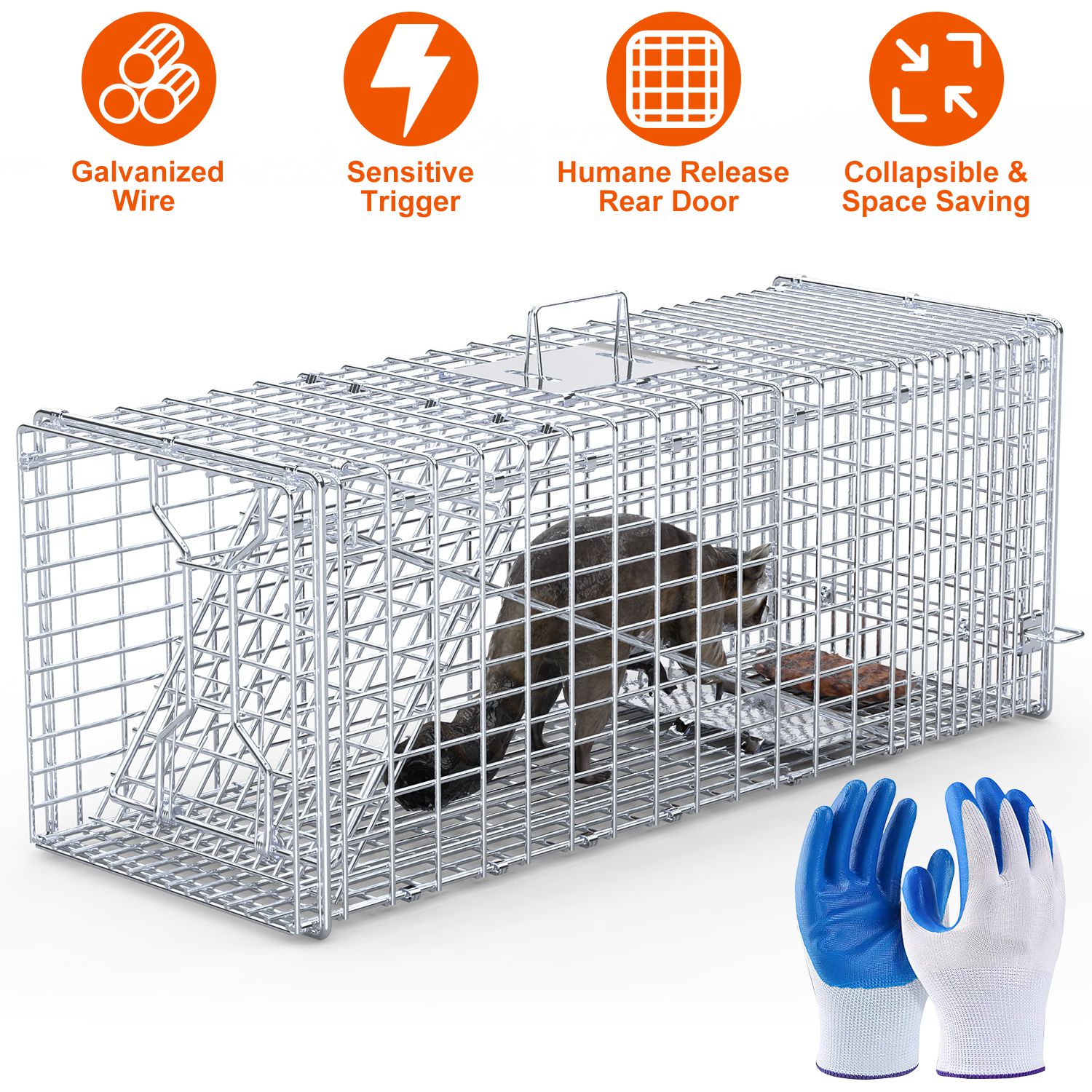 Live Animal Trap Cage 37x14x15in Folding Catch and Release Humane Cat Trap Galvanized Iron for Raccoons Foxes Coyotes Stray Dogs Armadillos Squirrels - Image 4