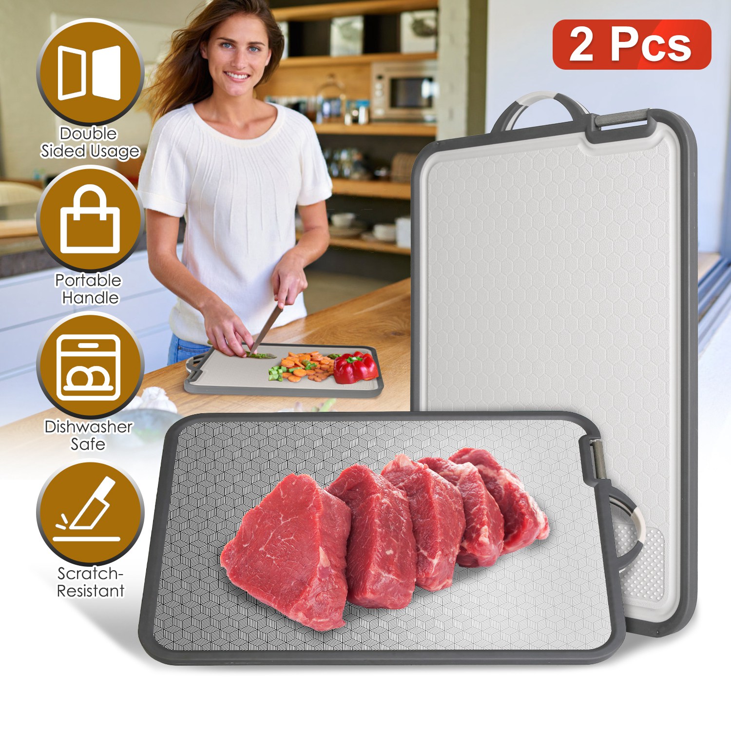 2Pcs Double Sided Cutting Board Stainless Steel PP Chopping Board Lightweight Kitchen Cutting Board Mesh Design with Grinding Zone Knife Sharpener Han - Image 6