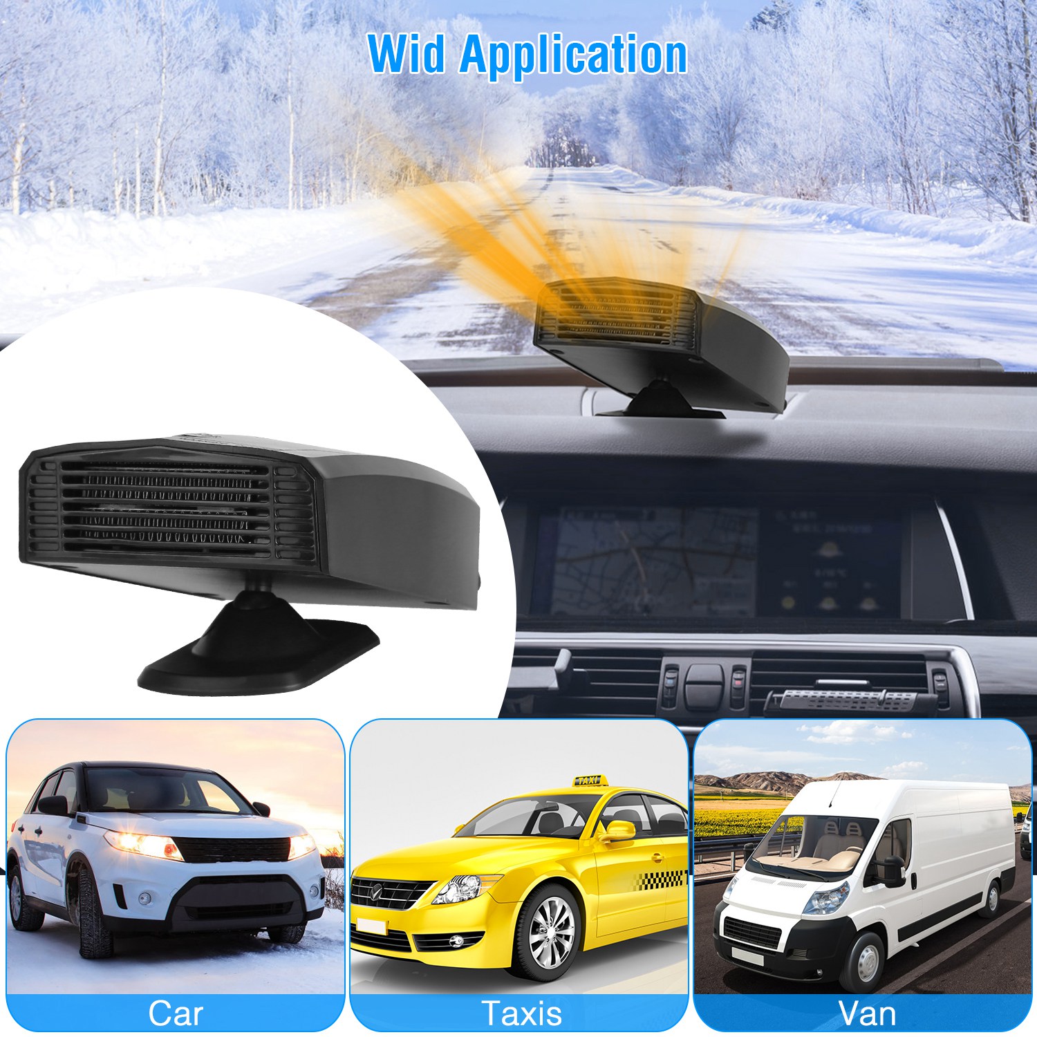 12V 150W Portable Car Heater Heating Fan 2 in 1 Defroster Defogger Demister Windshield Heater Automotive Cooling Fan with 360°Rotating Base - Image 10