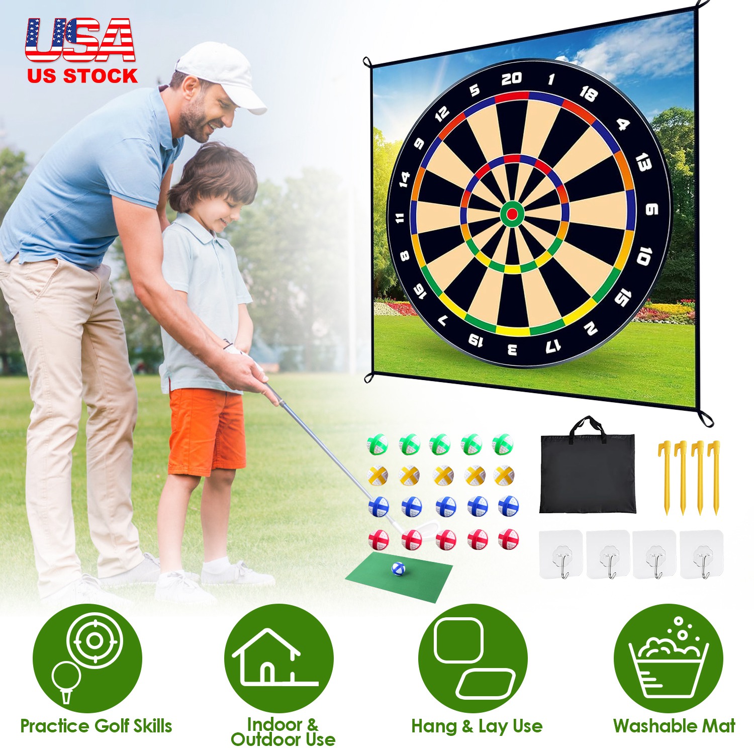 Golf Chipping Dart Game Mat Set With 20 Sticky Balls Ground Stakes Hanging Hooks Carrying Bag Indoor Outdoor Golf Hitting Training Game Mat For Kids B - Image 5