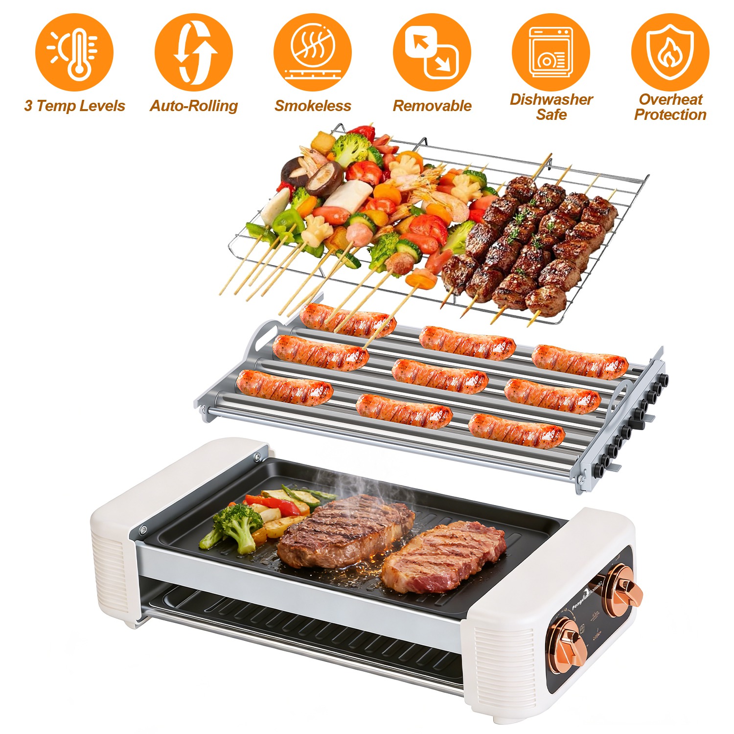 3 In 1 Electric Hot Dog Roller Machine with Grill & Griddle 6-Roller Hot Dog Cooker Smokeless Non-Stick Indoor Outdoor with 3 Temp Levels for BBQ Saus - Image 3