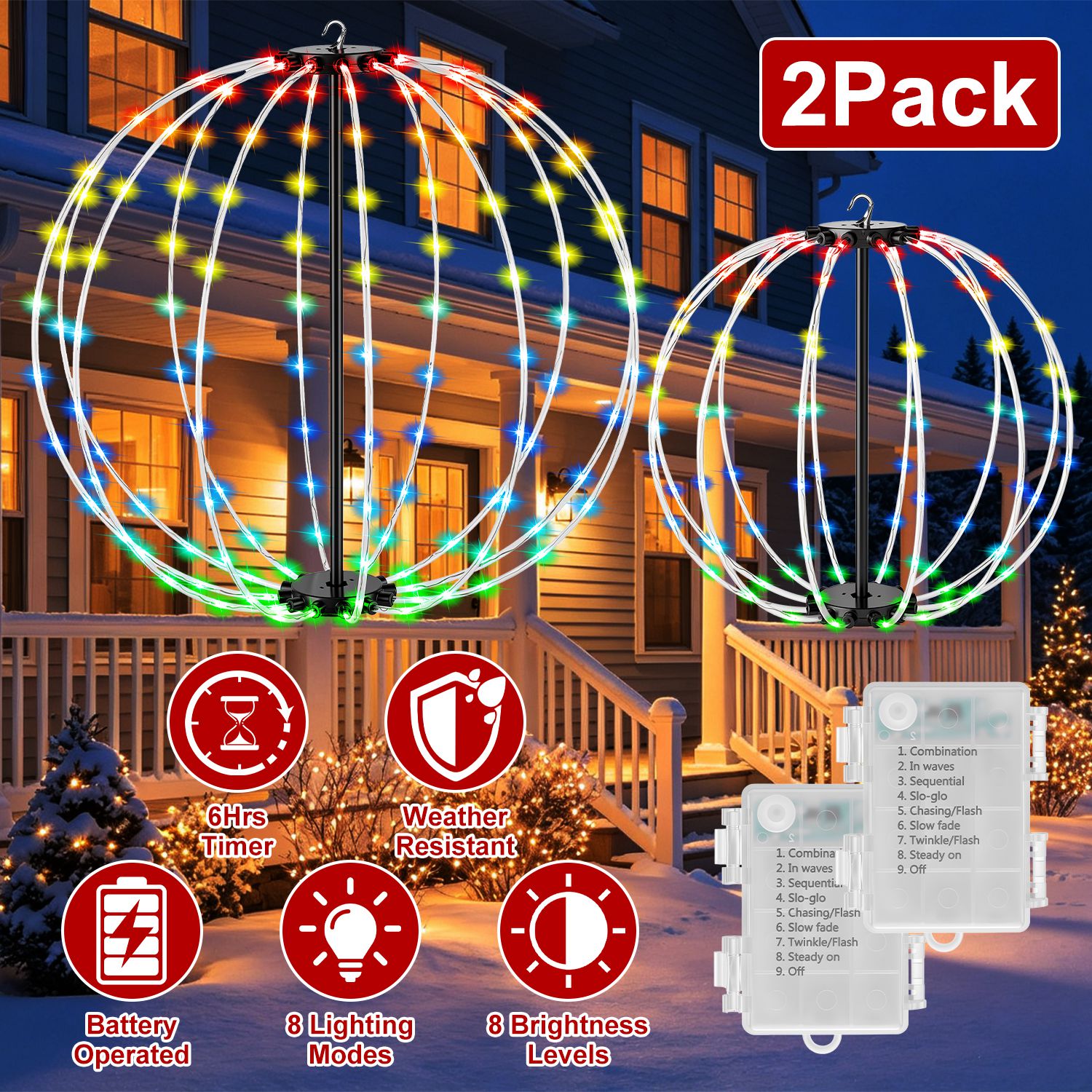2 Pack Battery Operated Christmas Hanging Ball Lights RGB LED Christmas Sphere Lights 12in & 16in Size with Remote Control 8 Modes Timer for Outdoor G - Image 2