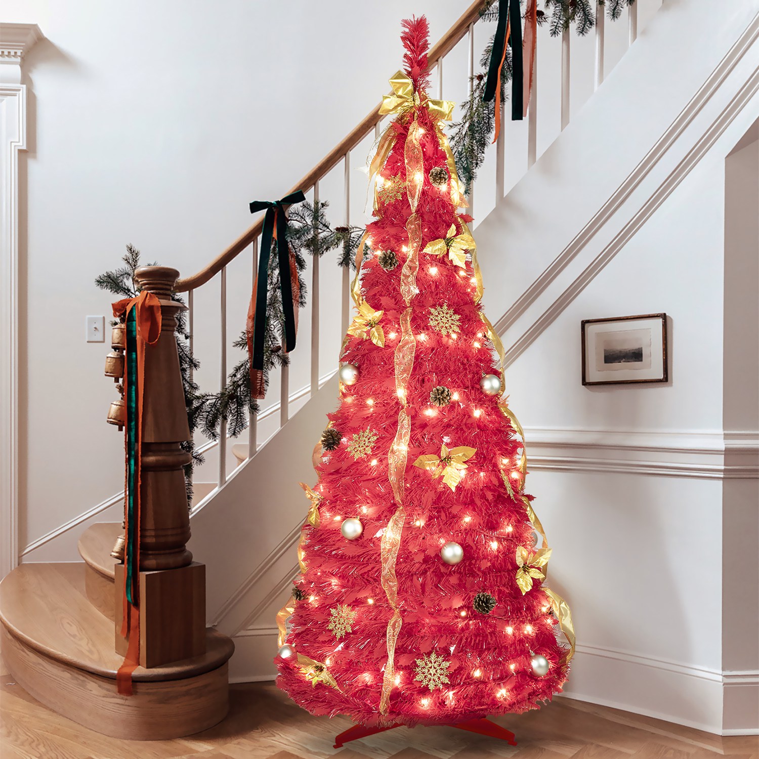 6FT Red Pre-Lit Pop-Up Christmas Tree with 150 Warm White LED Ribbons Bow Flowers Snowflakes Pine Cones Red Ornaments Collapsible Artificial Christmas - Image 2