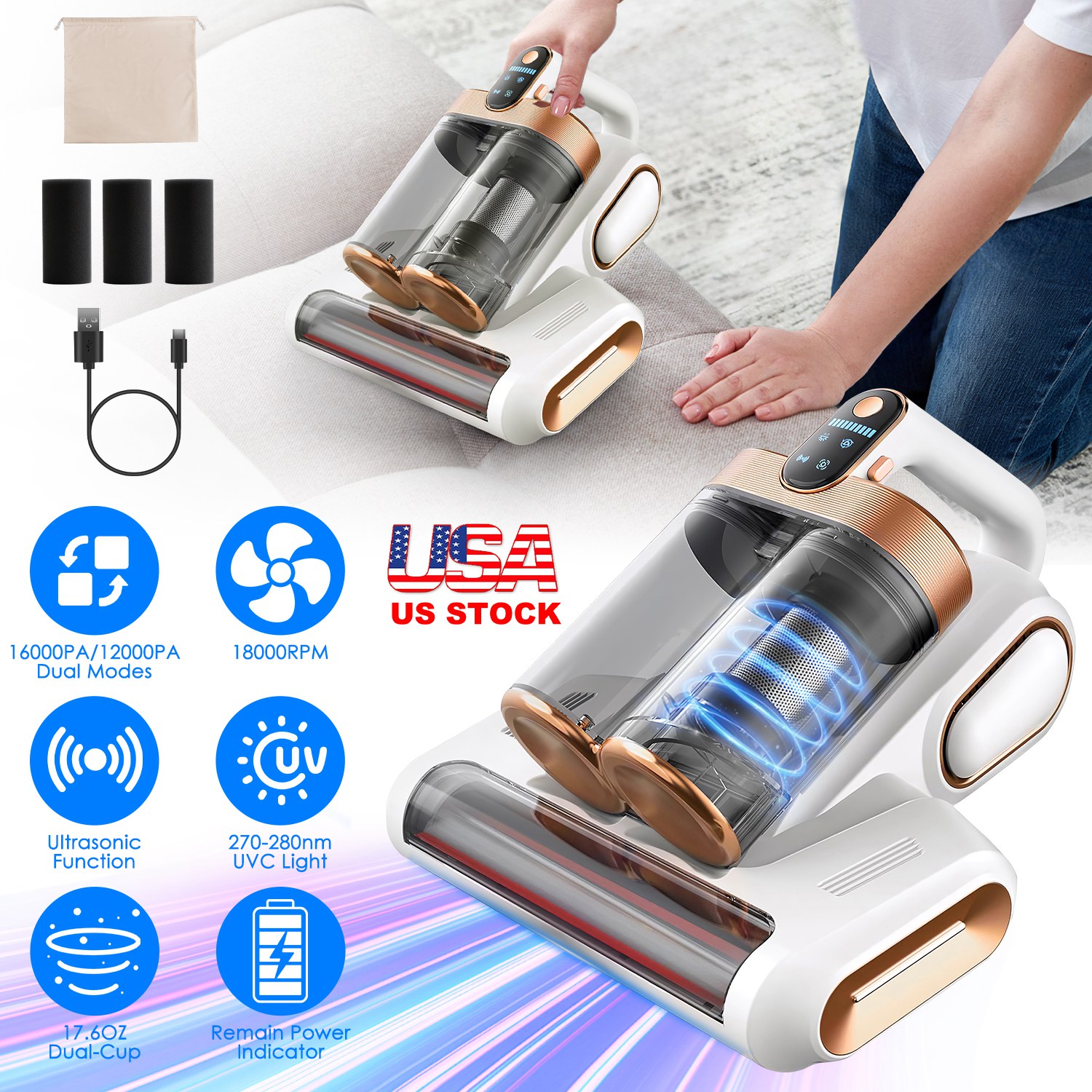 Mattress Vacuum Cleaner 16Kpa Bed Vacuum Cleaner Handheld Vacuums with Ultrasonic & UVC Light 18000 RPM Brushroll Rotation Dual Dust Bins Washable Fil - Image 8