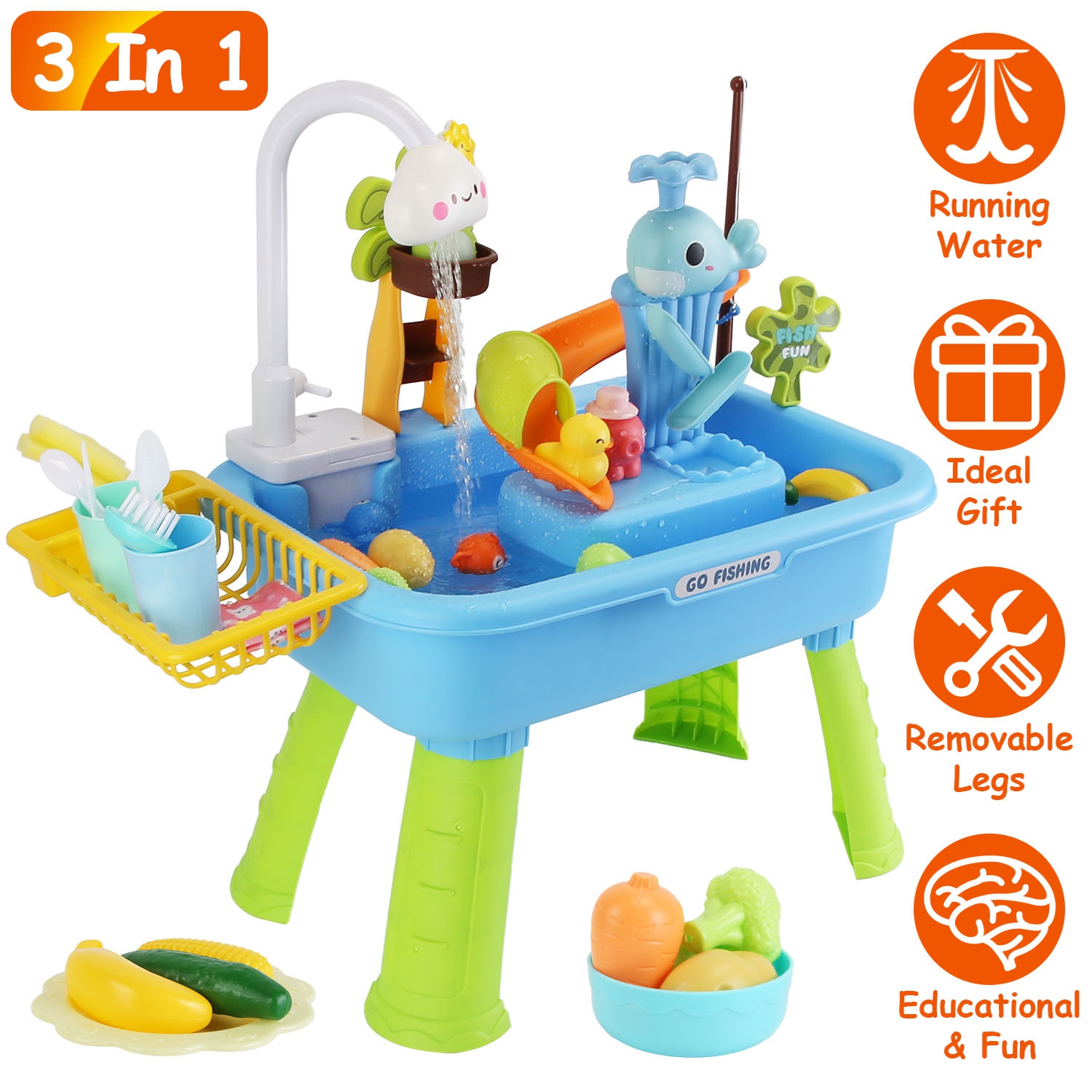 3 In 1 Kitchen Sink Toy with Electric Faucet Water Table Fishing Game Role Play Sink Set Indoor Outdoor for Kids Aged 3+ Years Old - Image 4