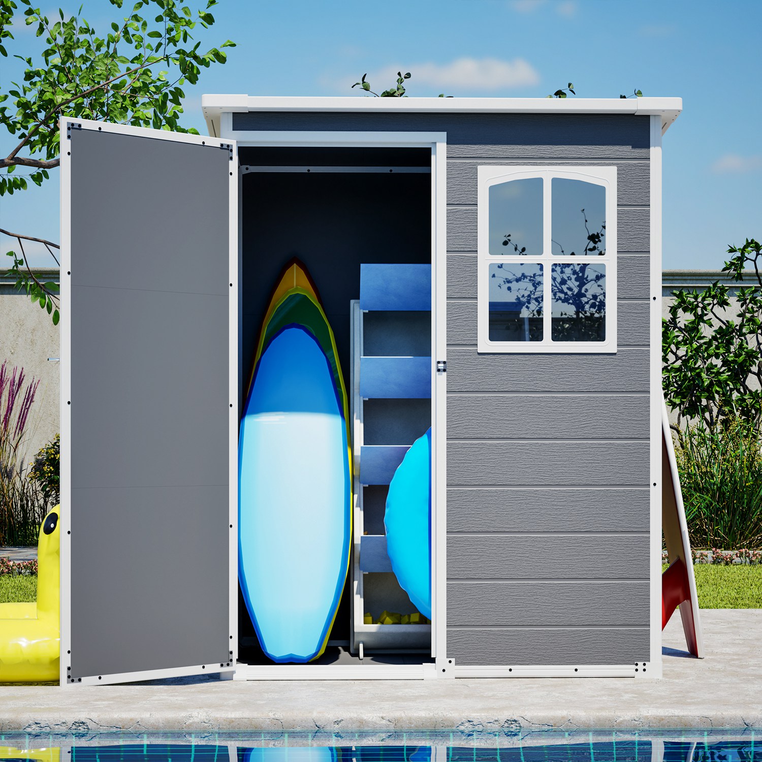 5x3FT Resin Outdoor Storage Shed with Floor Lockable Garden Shed with Window Sloped Roof Weather-Resistant Tool Shed for Garden Tools, Pet House and B - Image 4