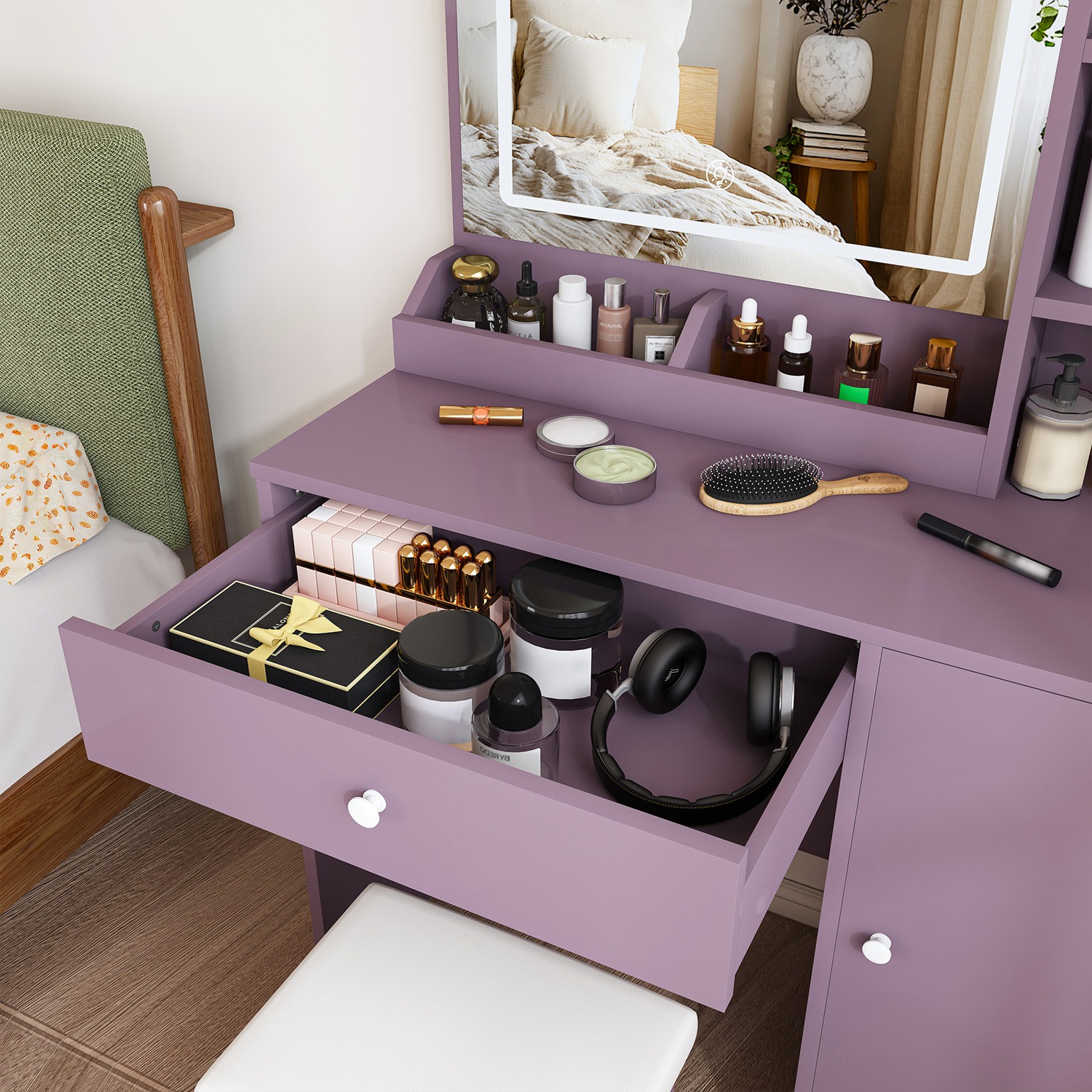 Purple Vanity Desk Set with LED Strip Lighted Mirror & Padded Stool, Modern Makeup Vanity with 3 Color Modes, Bedroom Dressing Table Combo - Image 9