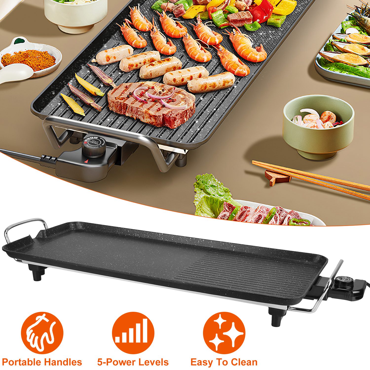1500W Electric Barbecue Grill Hot Plate Cooking BBQ Griddle Non-Stick Table Top Grill Griddle for Indoor Outdoor Camping Picnic - Image 2