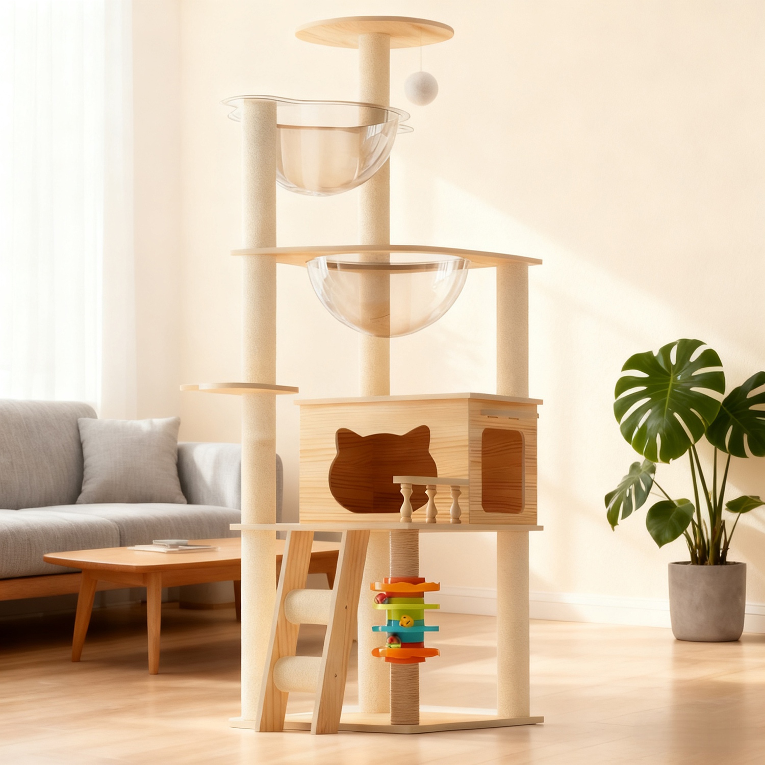 59" Modern Cat Tower for Indoor Cats Wooden Cat Tree with Dual Acrylic Capsules Cat Condo Sisal Scratching Posts Top Perch & Auxiliary Stairs Multi-Le - Image 9