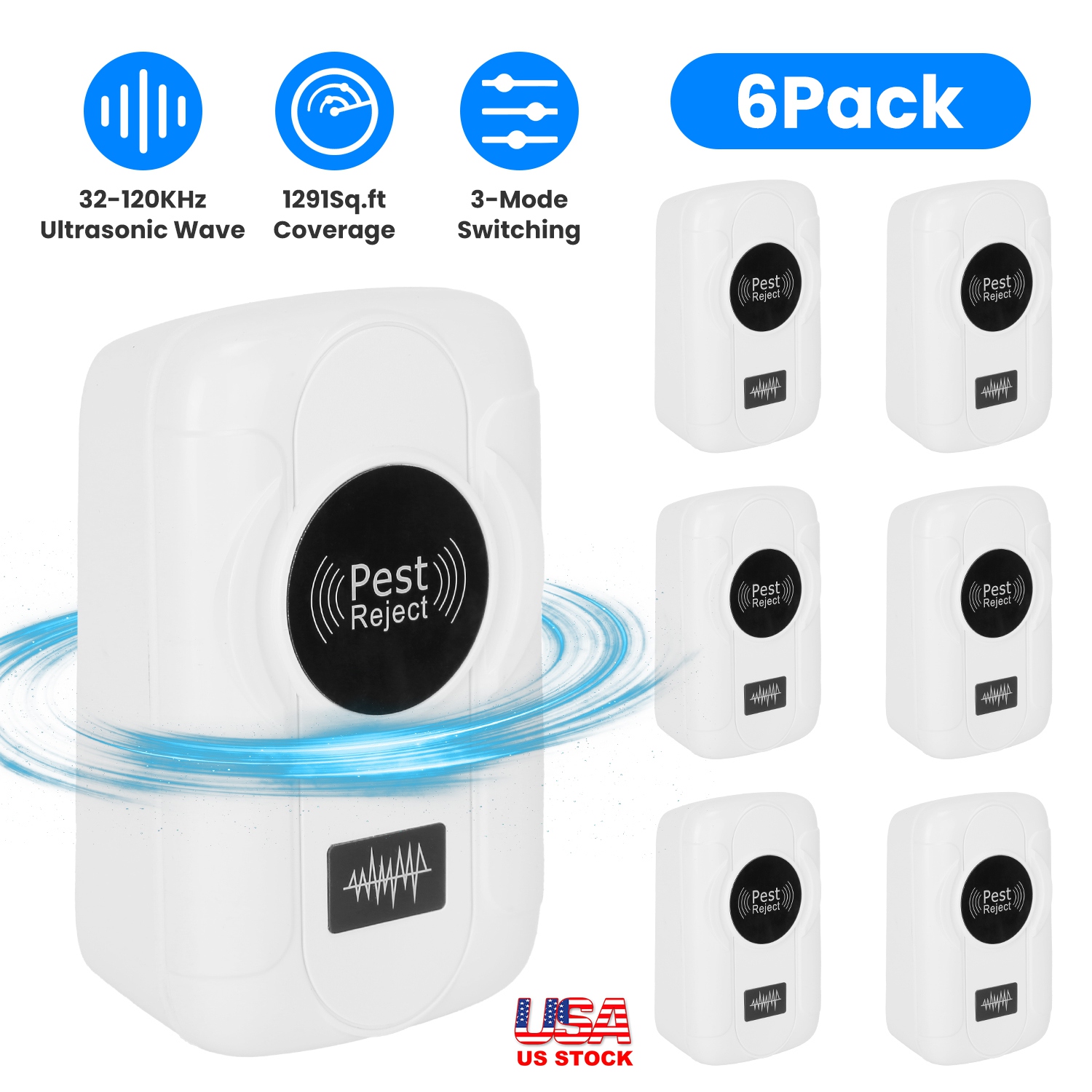 6 Pack 32-120KHz Ultrasonic Insect Repellent Indoor Plug In Bug Repellent Mosquito Roaches Mice Control with 3 Modes for Bedroom Garage Warehouse Offi - Image 6