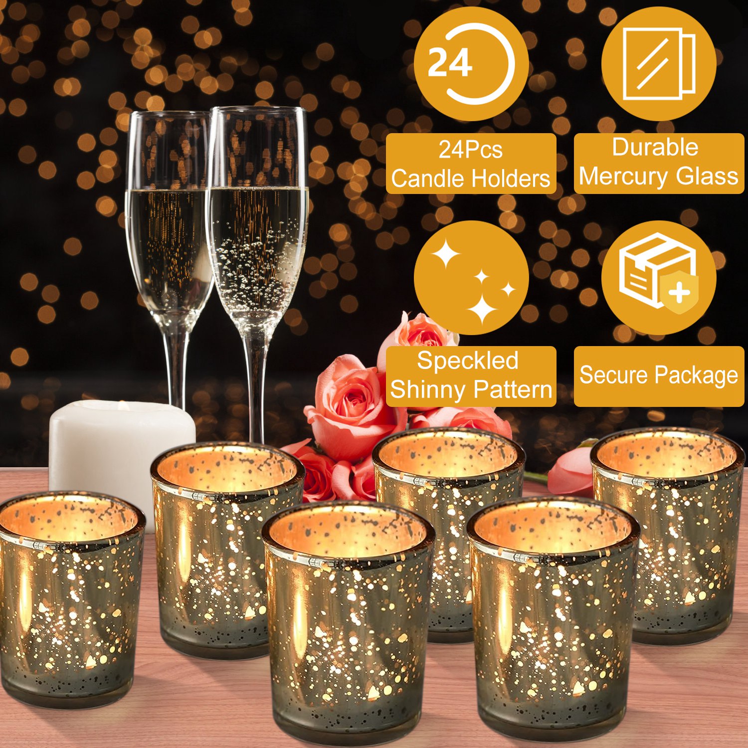 24Pcs Gold Votive Tealights Candle Holders Mercury Glass Shinny Candle Holders For Wedding Birthday Party Home Decoration Table Centerpiece - Image 5