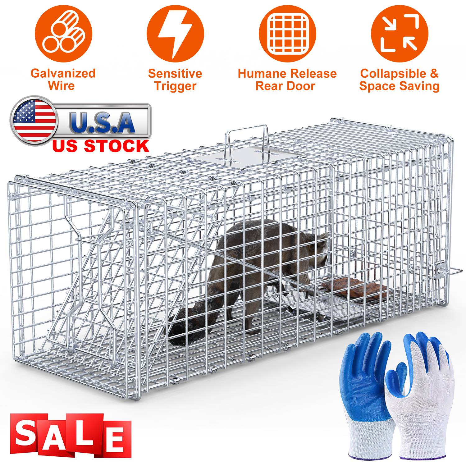 Live Animal Trap Cage 37x14x15in Folding Catch and Release Humane Cat Trap Galvanized Iron for Raccoons Foxes Coyotes Stray Dogs Armadillos Squirrels - Image 5