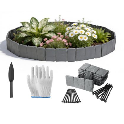 16FT Non-Digging Plastic Landscape Edging 20Pcs Faux Cobbled Stone Garden Borders with 20 Spikes Shovel Gloves Flexible Bendable for Flower Beds Pathw