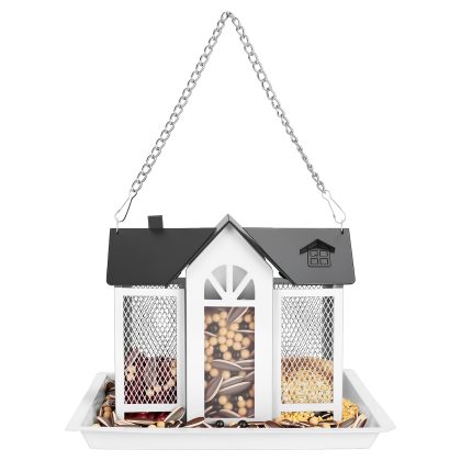 Metal Hanging Bird Feeder House Classic Barn Bird Feeder House Iron Hanging Outdoor Feeder with Visible Window and Lift Top Lid 15.75in Hanging Length