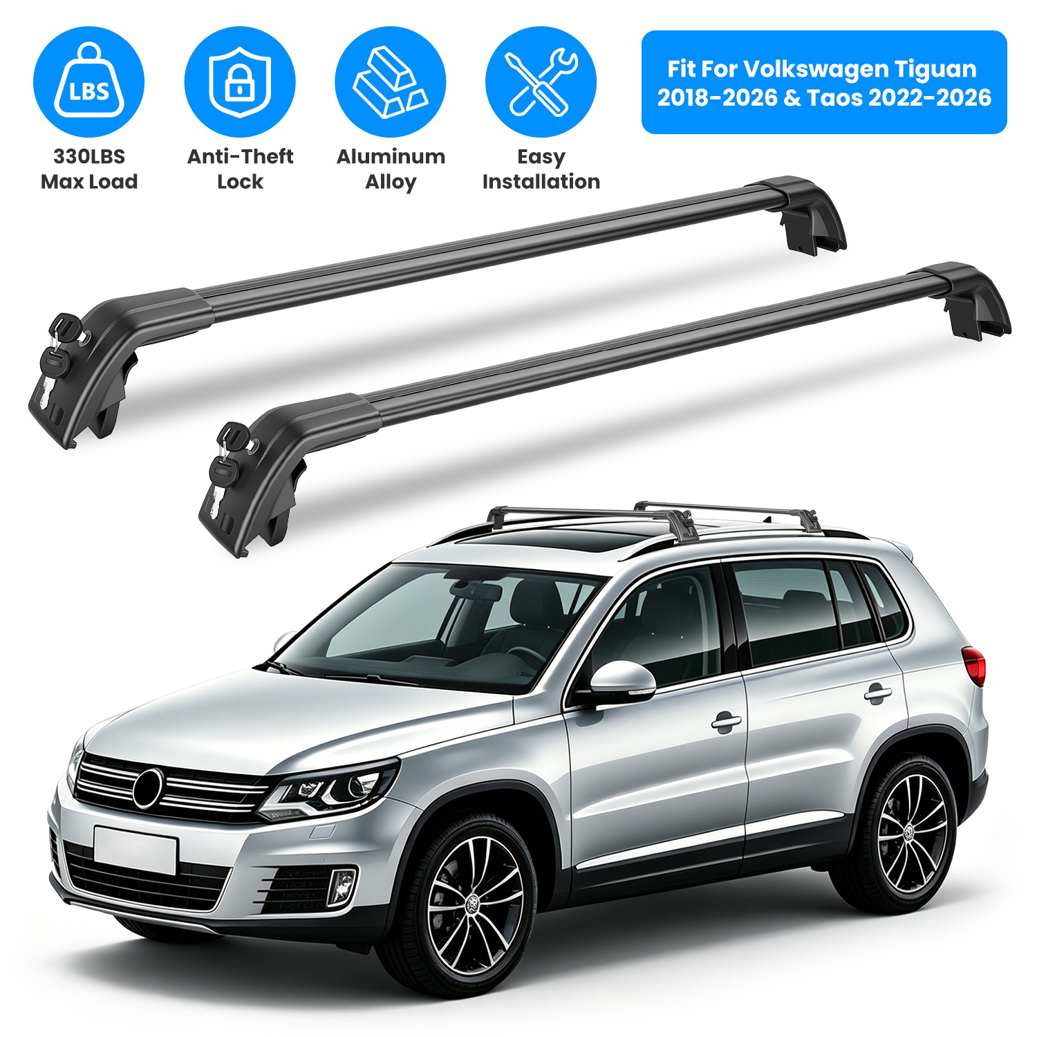 Roof Rack Cross Bars Fit for Volkswagen Tiguan 2018-2026 & Taos 2022-2026 with Factory Raised Side Rails Lockable Aluminum Roof Cargo Carrier Bars 330 - Image 4