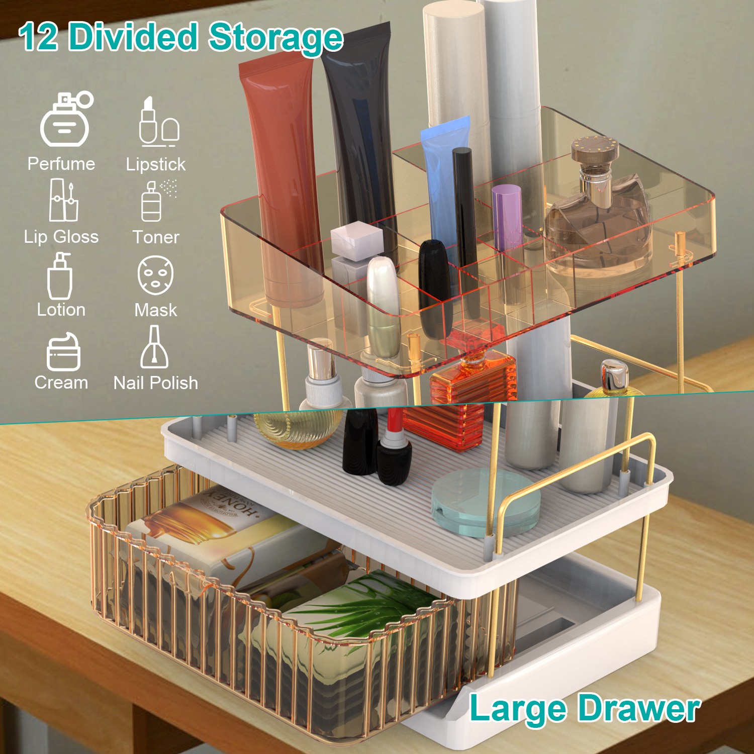 3 Tier Makeup Organizer for Vanity Large Capacity Skincare Shelf Bathroom Countertop Organizer with Drawer for Lipsticks Lotion Toner Perfumer Masks - Image 7