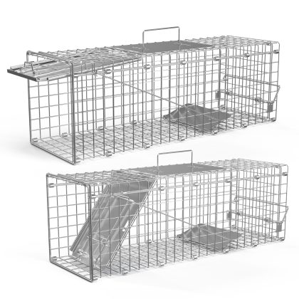 2Pcs 24X7.48X8.27IN Folding Humane Live Animal Trap Cages Easy To Catch And Release Foldable Cat Trap Galvanized Steel For Small Cats Squirrels Rabbit